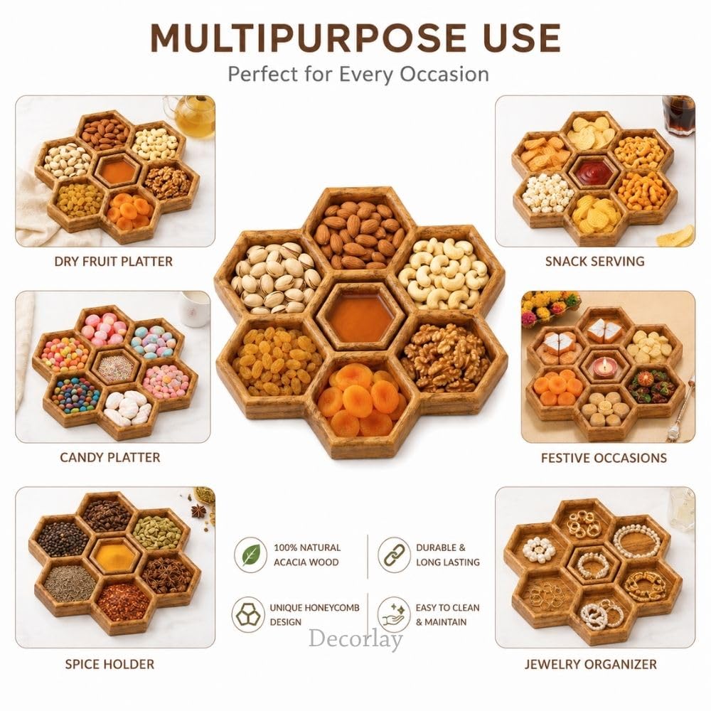 Acacia Wood Honeycomb Serving Platter - 7 Compartments -3