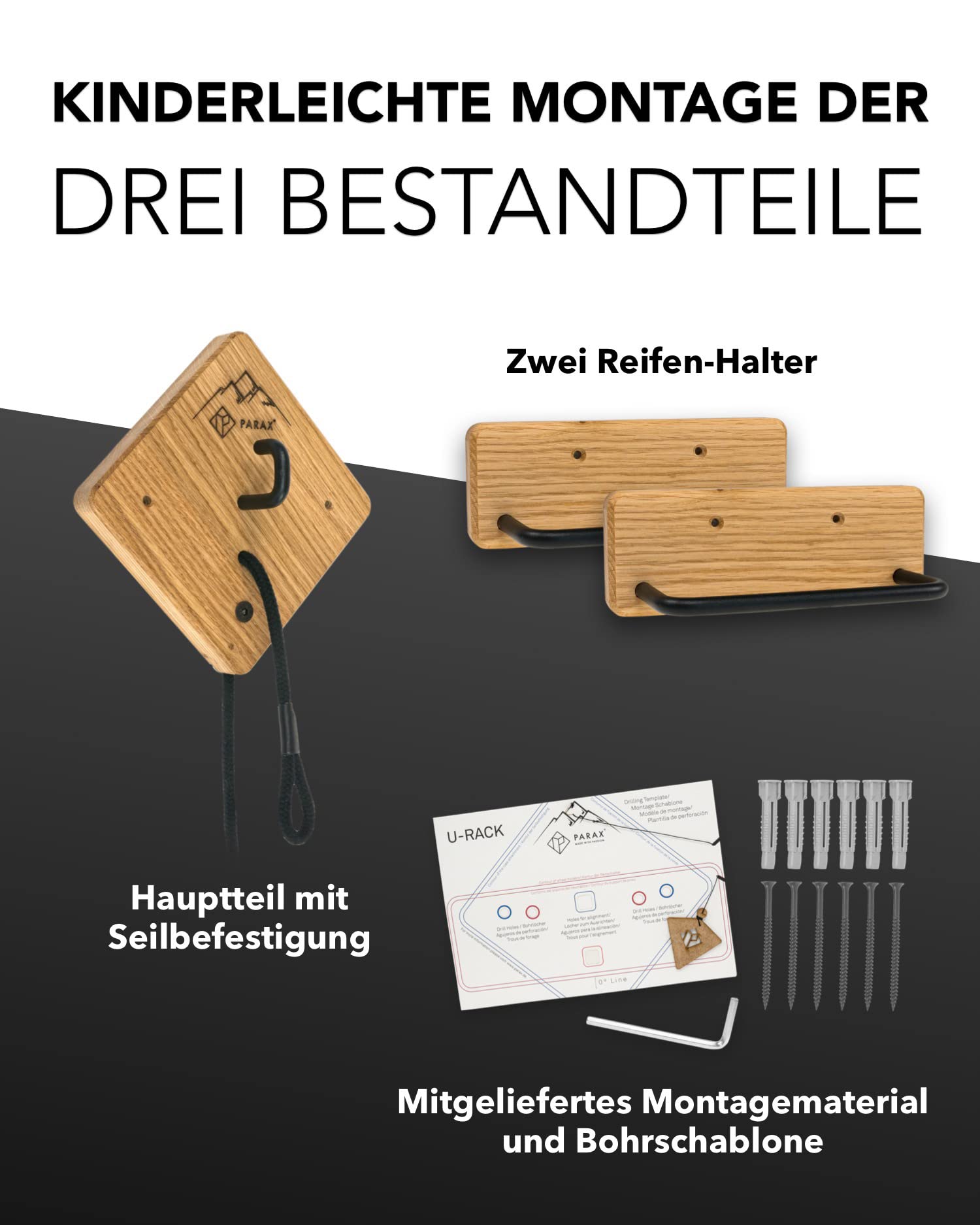PARAX Fahrrad Wandhalterung U-Rack Holz – Fahrrad Halterung für MTB, E-Bike, Damenrad, Rennrad, Gravel Bike – Fahrradhalter Wand bis 35kg Indoor Aufbewahrung für Garage, Wohnung, Wohnzimmer