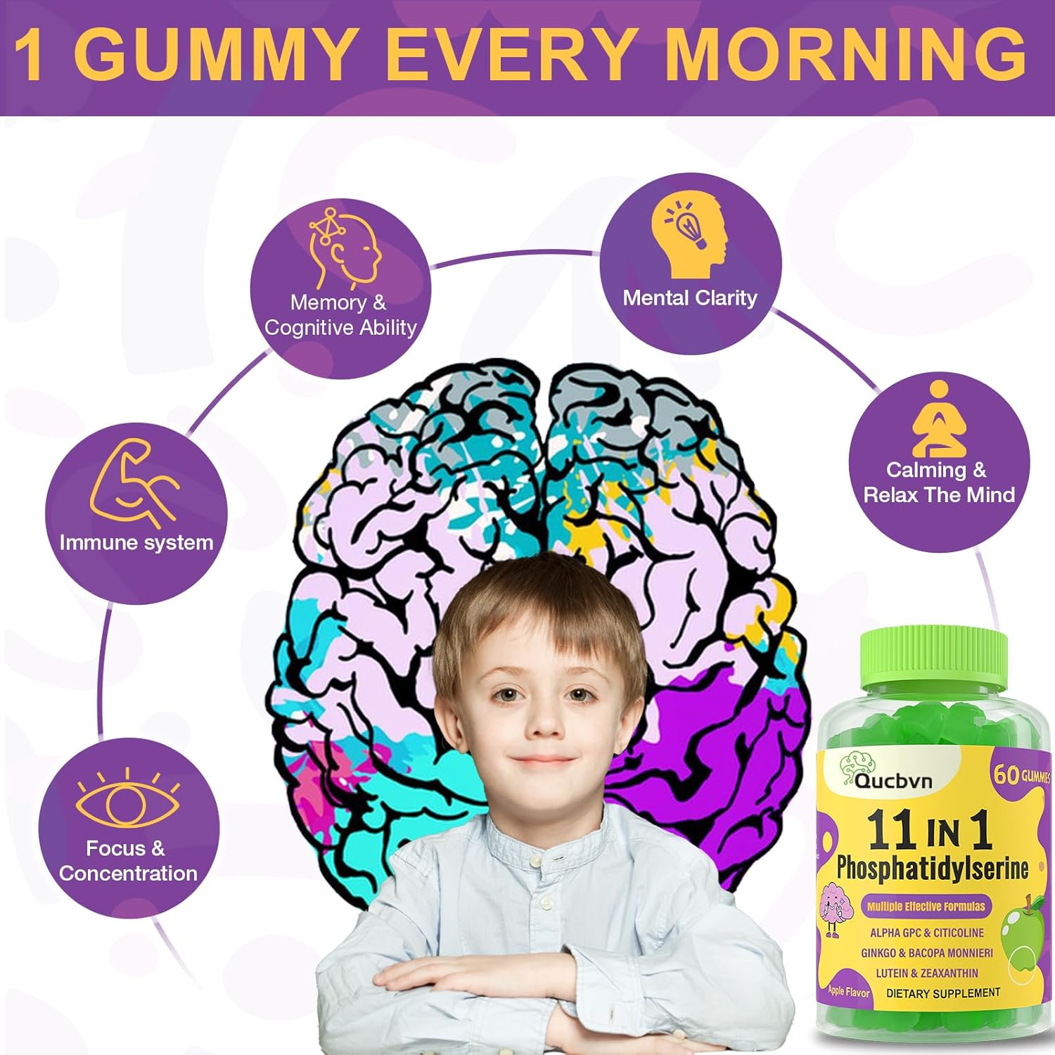 (2 Packs) Phosphatidylserine 600mg Gummies, Brain Supplement for Memory, Focus and Concentration - Phosphatidylserine Memory Supplement with Alpha GPC, B6 & B12 for Brain and Cognitive, 120 Gummies