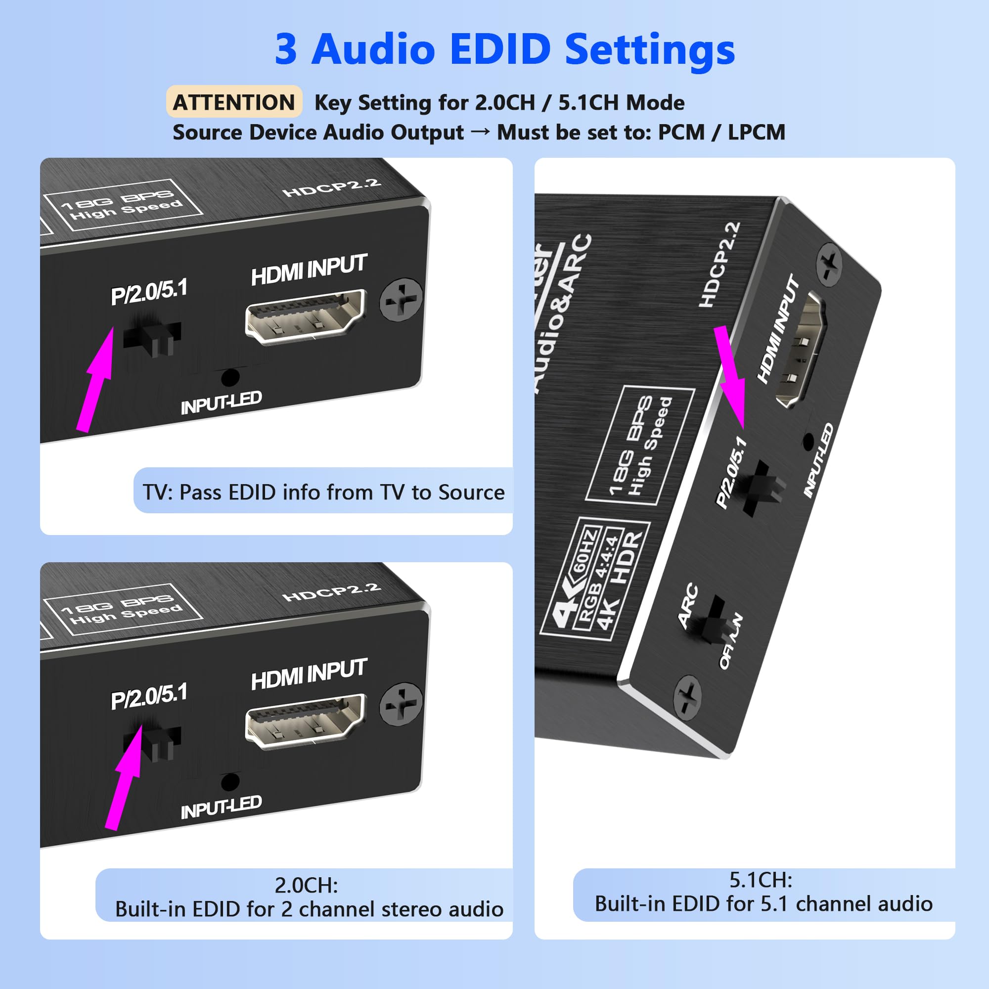 Estrattore audio HDMI ARC, splitter audio HDMI 4K a 60Hz, con SPDIF ottico e uscita da 3,5 mm, da TV a ottico Toslink SPDIF stereo, supporta HDCP 2.2 DTS 5.1 per TV, Soundbar, Home Theater
