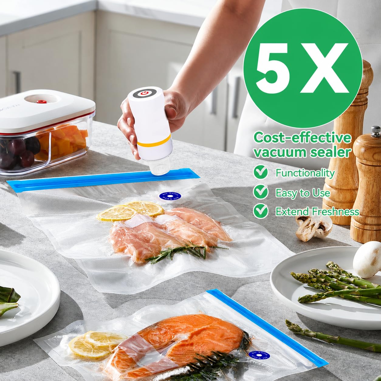 Sous Vide Bags, 42 bolsas de almacenamiento de alimentos al vacío eléctricas y reutilizables para Anova, Joule Cookers -30 bolsas de sellador de vacío reutilizables, 5 clips y 5 clips de sellado,