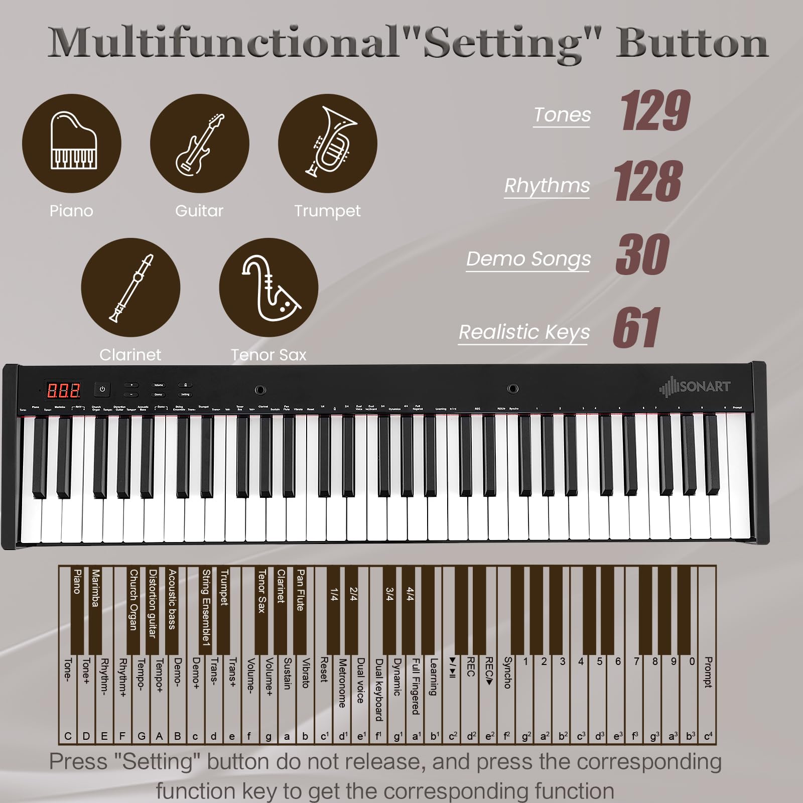 KOMFOTTEU Pianoforte Digitale 61 Tasti Semi-Ponderati, Tastiera Musicale con Supporto e Sgabello, Digial Piano con Tasti Semi-Pesati, Funzione Audio MIDI Wireless, Leggio, Pedale di Sustain e Borsa