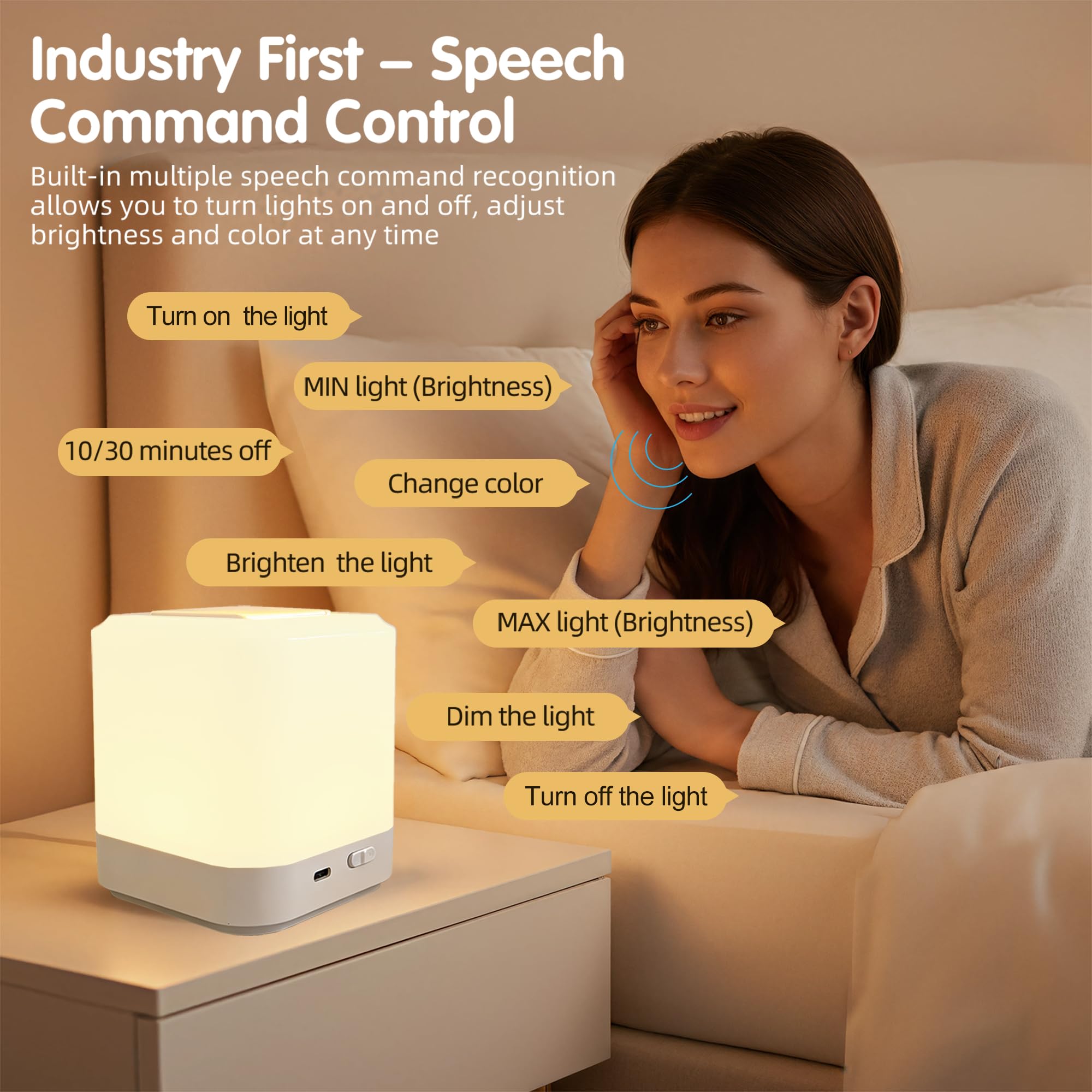 Touch Lamp for Nightstand Speech Control Bedside Lamp Touch Control for Bedrooms Smart Rechargeable Night Light Eye Caring — view 3