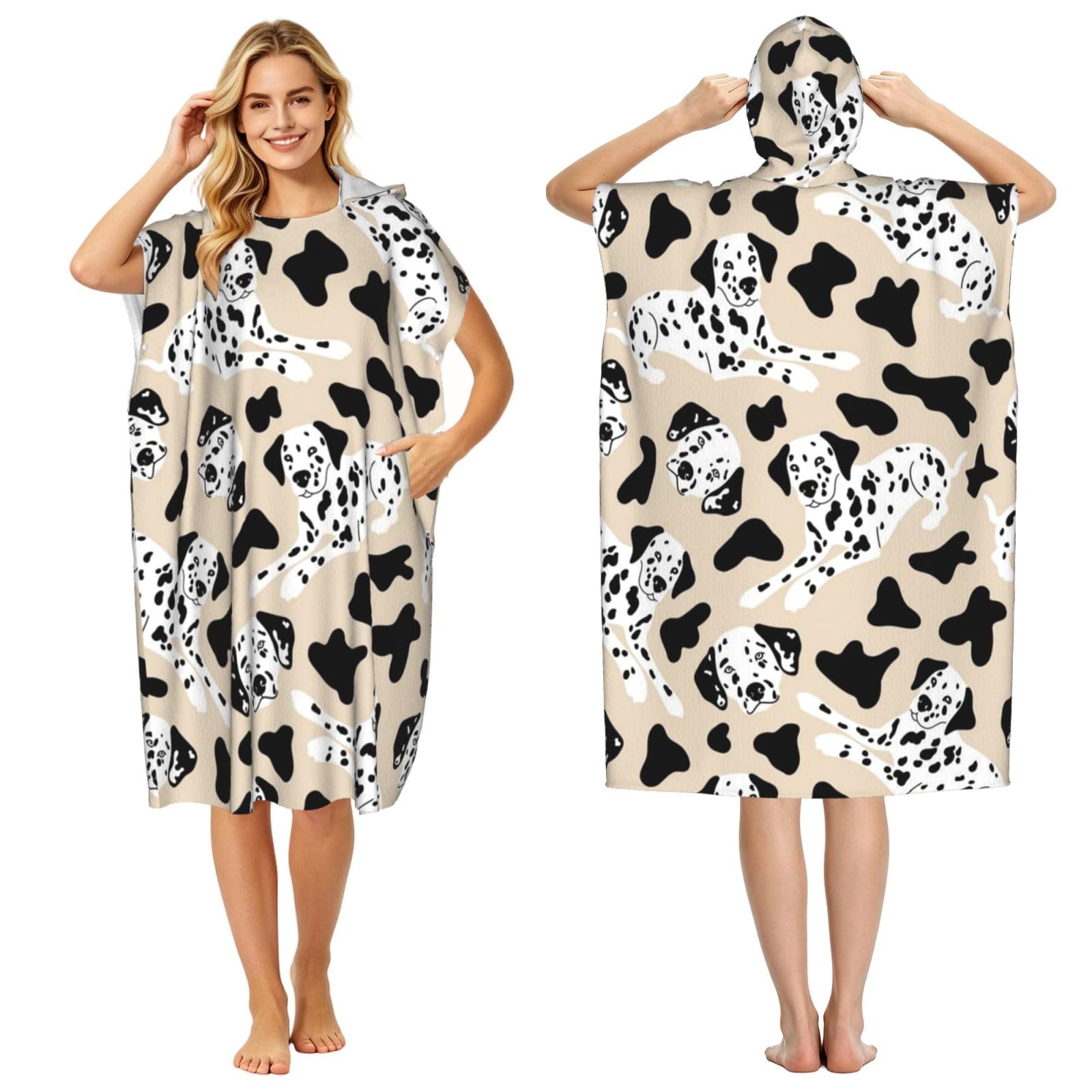 Poadnly Cute Dalmatian, Adult Hooded Beach Towel 90 x 110 cm,Changing Bath Robe, Surf Poncho Towel For Women Men