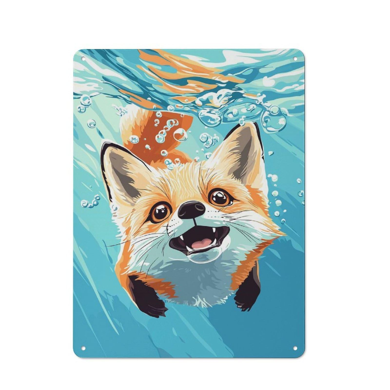 Junmoney Style-20 Fox Swimming Underwater Illustration Retro-Style Printed Metal Sign 40X30cm For Hallway Wall, Winter Wall Decor For Wall Display Collectors