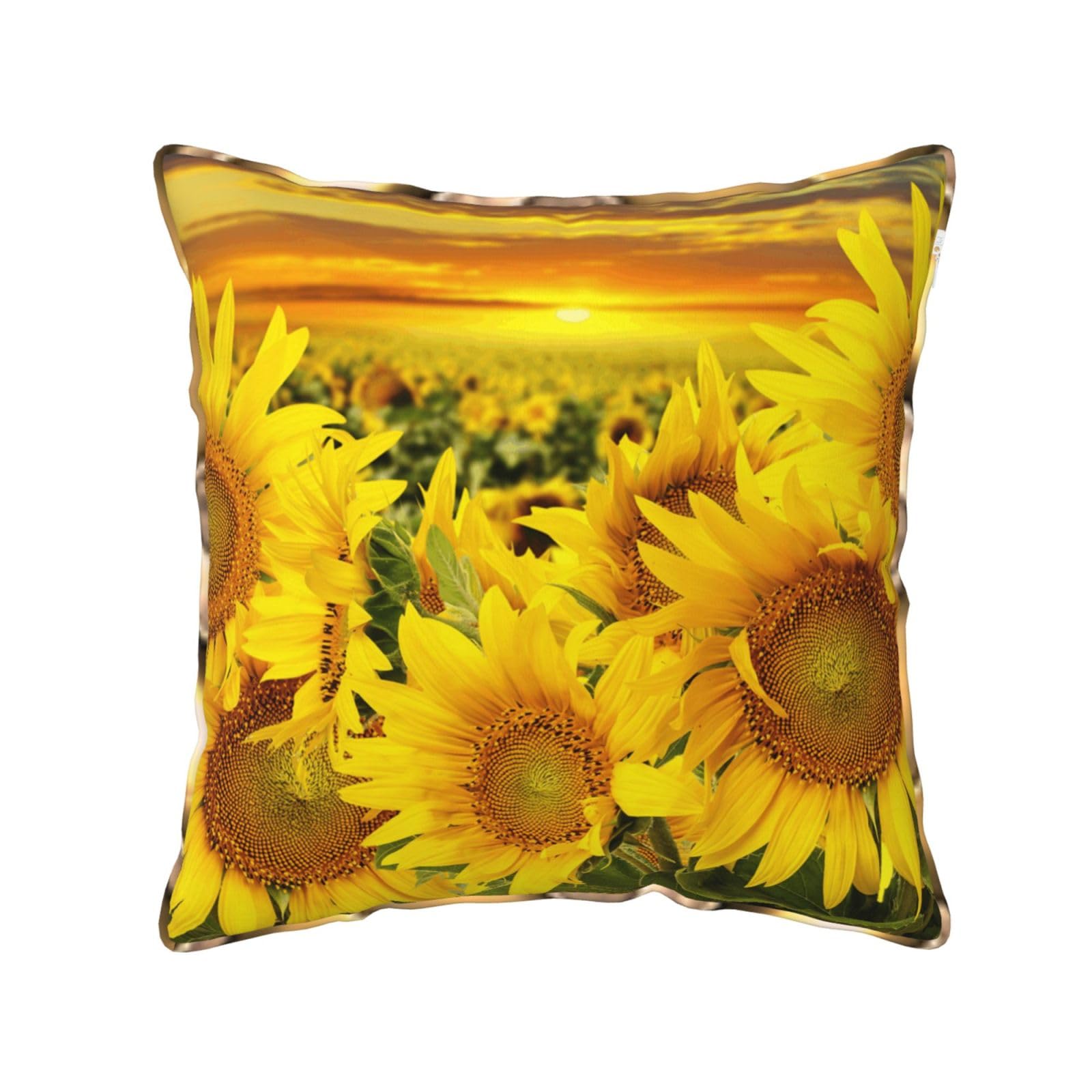 AUBKFELD Sunflower Field Printed Velvet Cushion Cover 40x40 CM with Gold Edging Strip, Square Pillowcase Soft Throw Pillow Covers Case Decorative for Living Room Sofa Couch Bed Bench