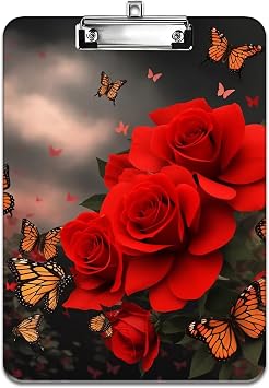 Fashion Design Clipboard, Durable Thin Clip, Standard A4 Letter Size, Full-Color Plastic Printed Clipboard Specially Designed for Classrooms and Offices, Flower Butterfly Pink Rose