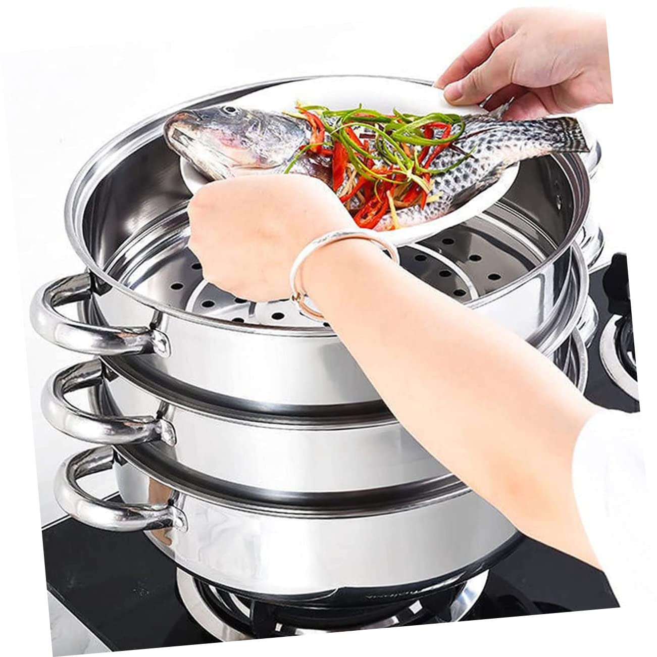 MAGICLULU Edelstahl Dampfgarer 3-lagig 28cm mit Glasdeckel Dampfkorb zum Dünsten von Gemüse und Suppen Mehrschichtiger Dampftopf für Schonendes Kochen im Haushalt