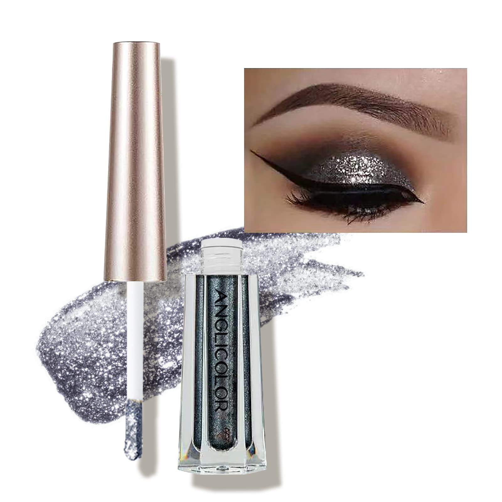 Glitter Metallic Liquid Eyeshadow Eye Shadow Long Lasting and Pigmented Sparkling &Shimmer Eyes Makeup One-Swipe Coverage 0.10 Floz (#5 Black)