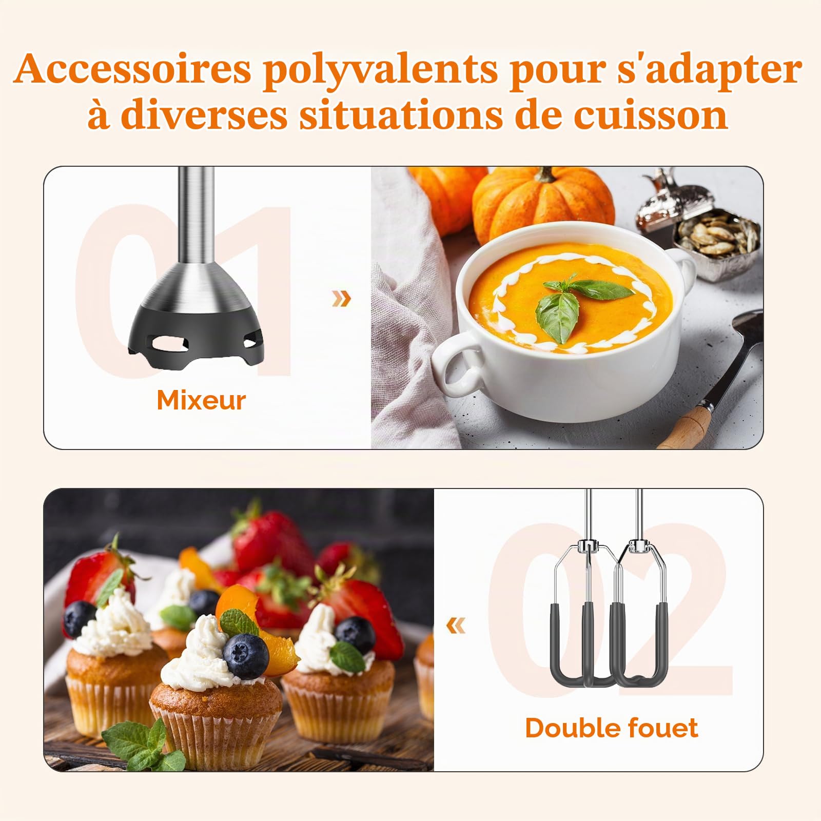 Anybear Mixeur Plongeant 1100W, Moteur Cuivre & Acier Inoxydable | Corps En Acier Inoxydable, Lame Anti-Rayures, Double Batteurs Inclus. Idéal Pour Smoothies, Soupes Et Pâtisserie