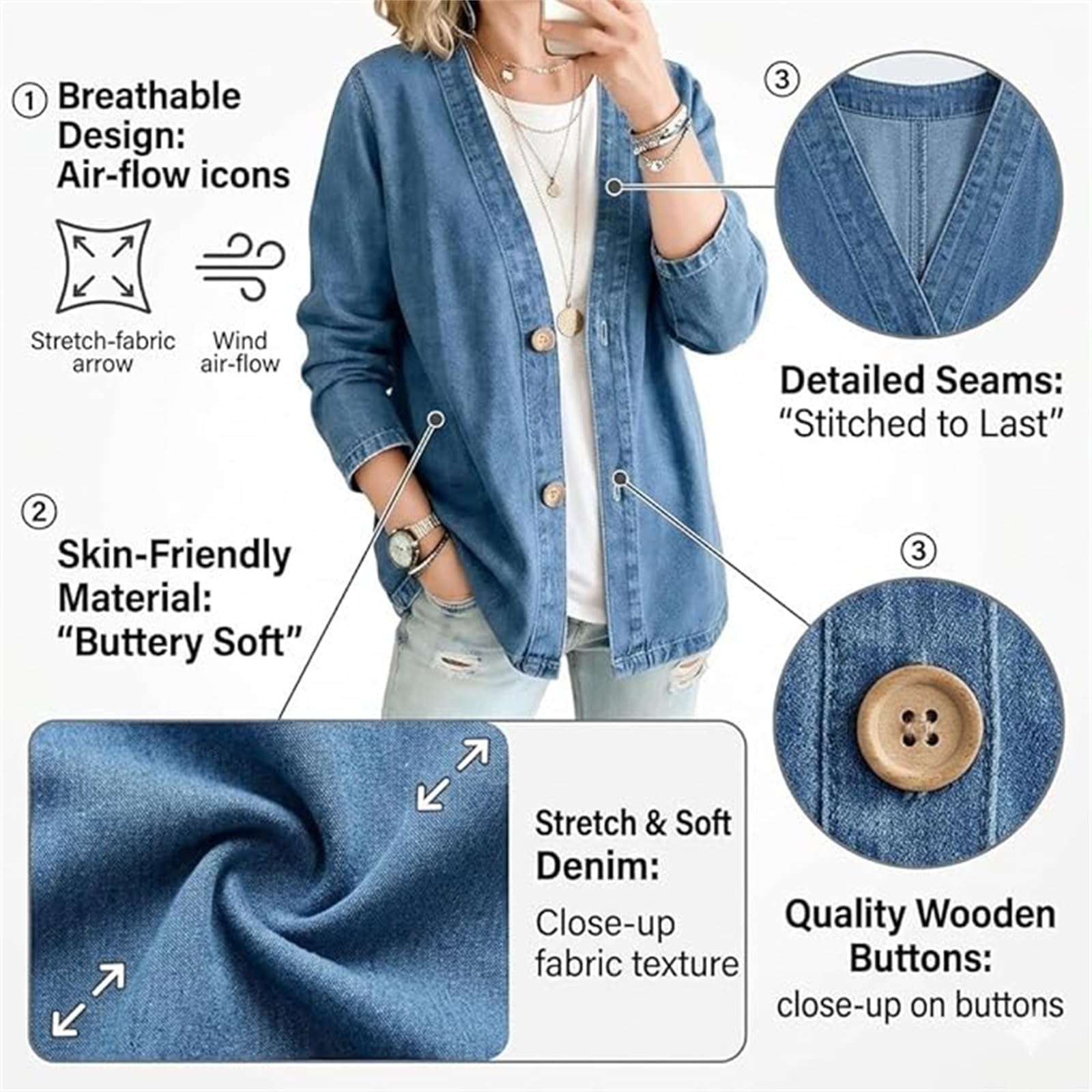 Generico Cardigan in Denim da Donna, Classico con Bottoni sul Davanti, Scollo a V, Traspirante, Comodo, Leggero, Casual, a Maniche Lunghe
