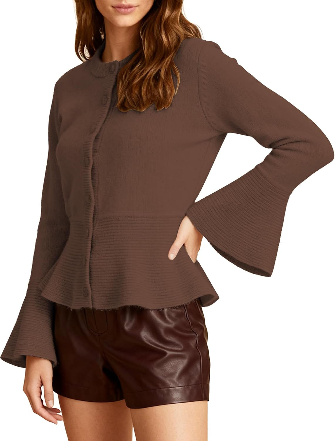 Women's Cardigans Peplum Button Up Sweaters Long Bell Sleeve 2025 Knitted Outwear Coat