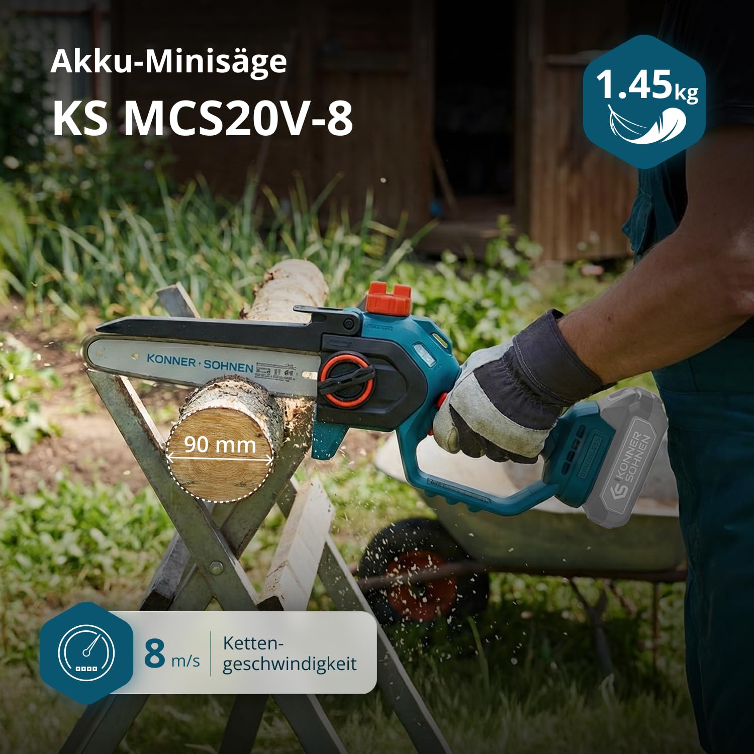 K&S Könner&Söhnen KS MCS20V-8 akumulatorowa mini piła łańcuchowa z mieczem 8" i 8 m/s, prędkość łańcucha, elektryczna ręczna piła łańcuchowa z automatycznym smarowaniem łańcucha, jednoręczna piła