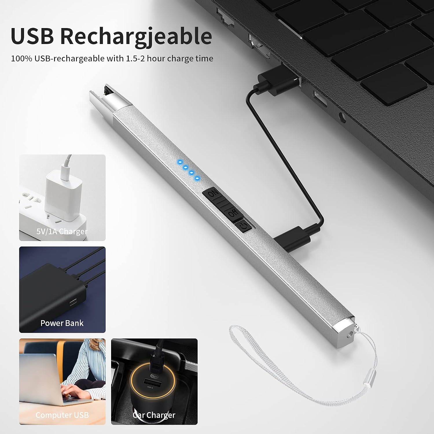 Charfire Lighter, Candle Lighter Electric Rechargeable USB Lighter with LED Battery Display, Arc Windproof Flameless Plasma Lighter with Rope for Cooking BBQs Stoves Grill Camping Fireworks (Silver)