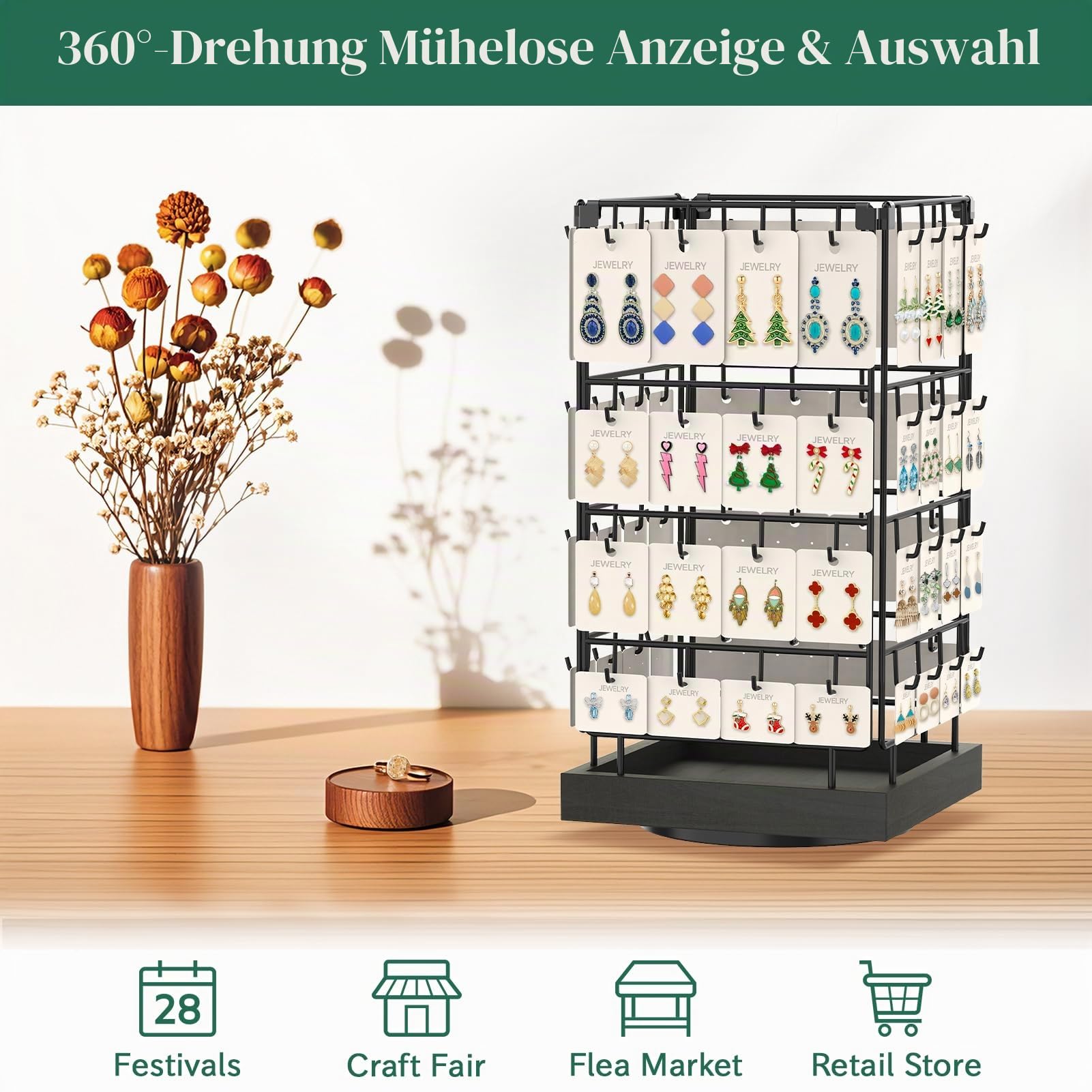 EsLuker.ly Rotierender Ohrringständer Ohrringe Aufbewahrung Ohrringhalter Organizer für Verkäufer, Ohrringkarten Schmuckaufbewahrung Earring Rack Display Stand mit 64 Haken, Schwarz