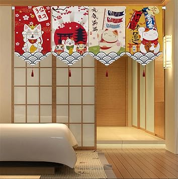 Set of 4 Japanese Short Type Beckoning Cat/Fortune Cat Doorway Hanging Flags Noren Curtain for Home Sushi Bar Decor