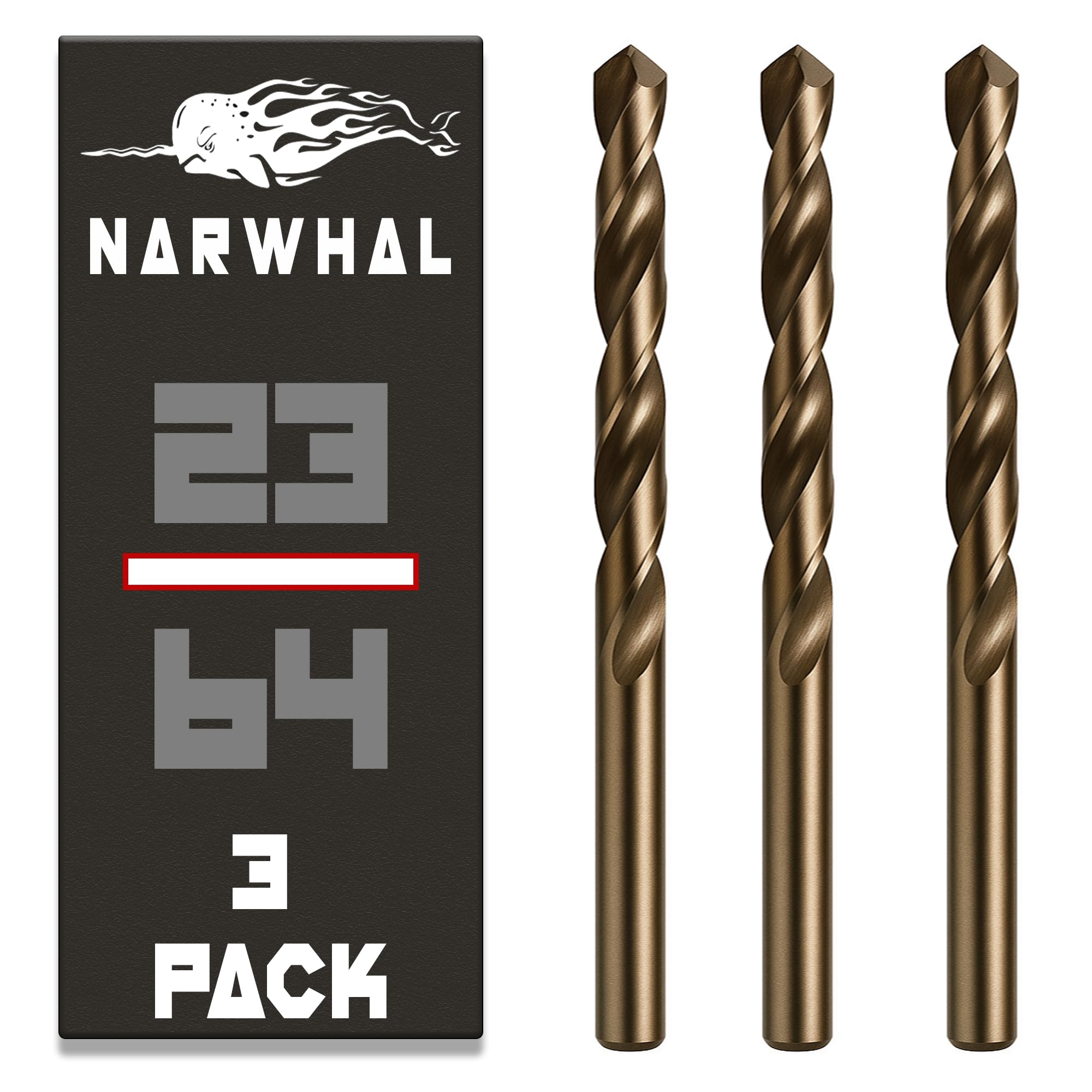 Narwhal 23/64 Inch Cobalt Drill Bits (3 Pack - Industrial Grade M35 Cobalt) 5" Length & 135 Degree Split Point for Drilling Into Metal, Hardened &
