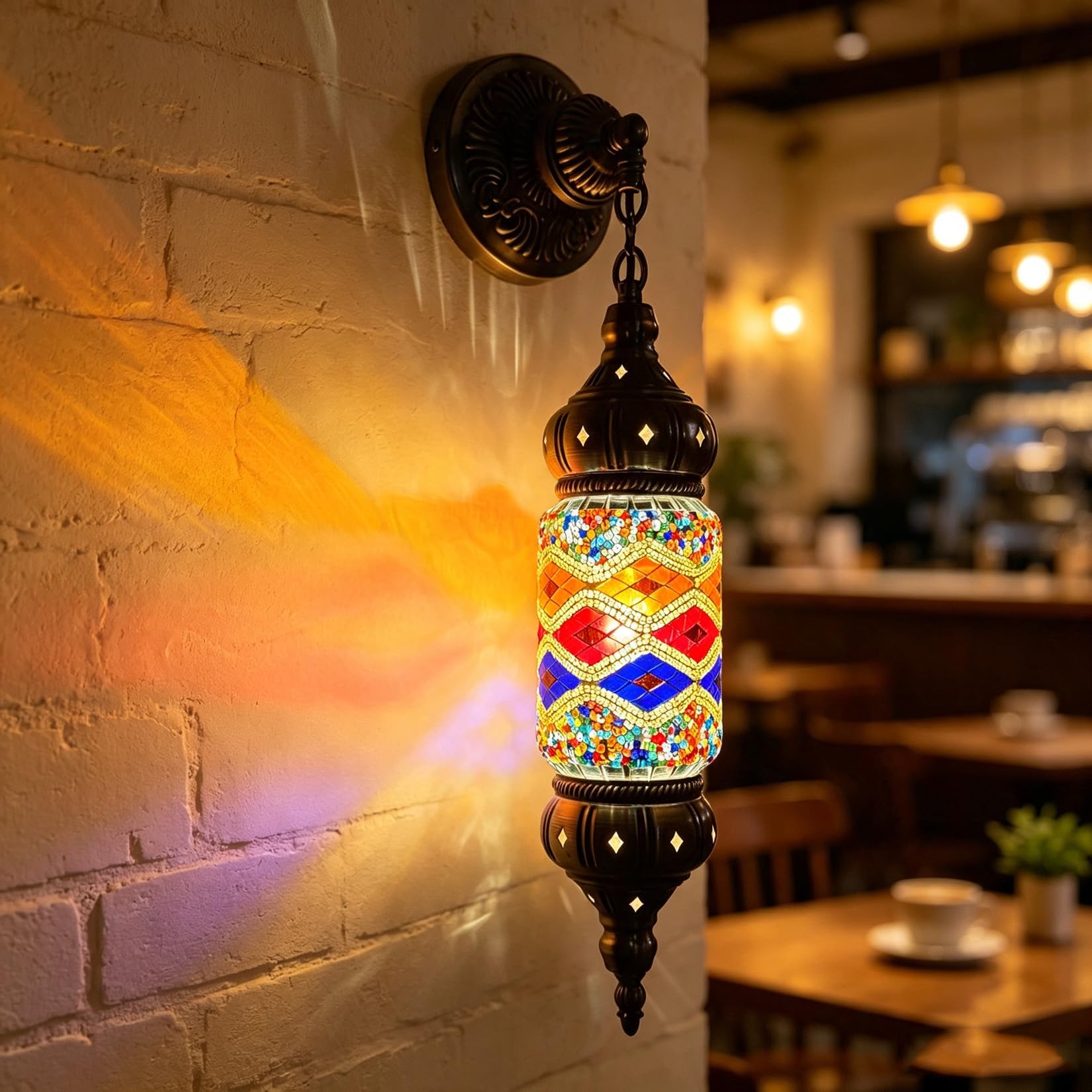 Yjmgrowing Blue Turkish Mosaic Wall Sconce, Moroccan Handmade Hanging Wall Lamp