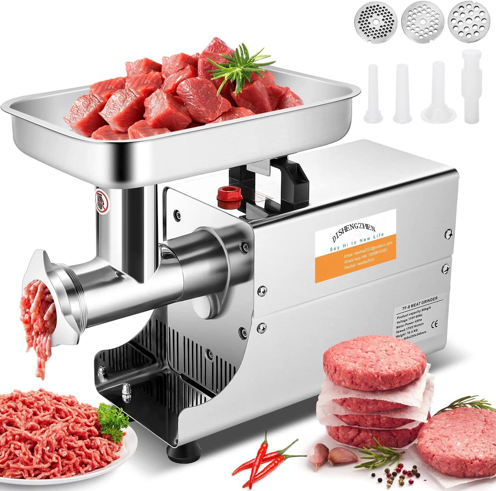 FHRKA Commercial Meat Grinder Electric Meat Mincer with 4mm/6mm/8mm Grinding Plates, for Family and Commercial Use