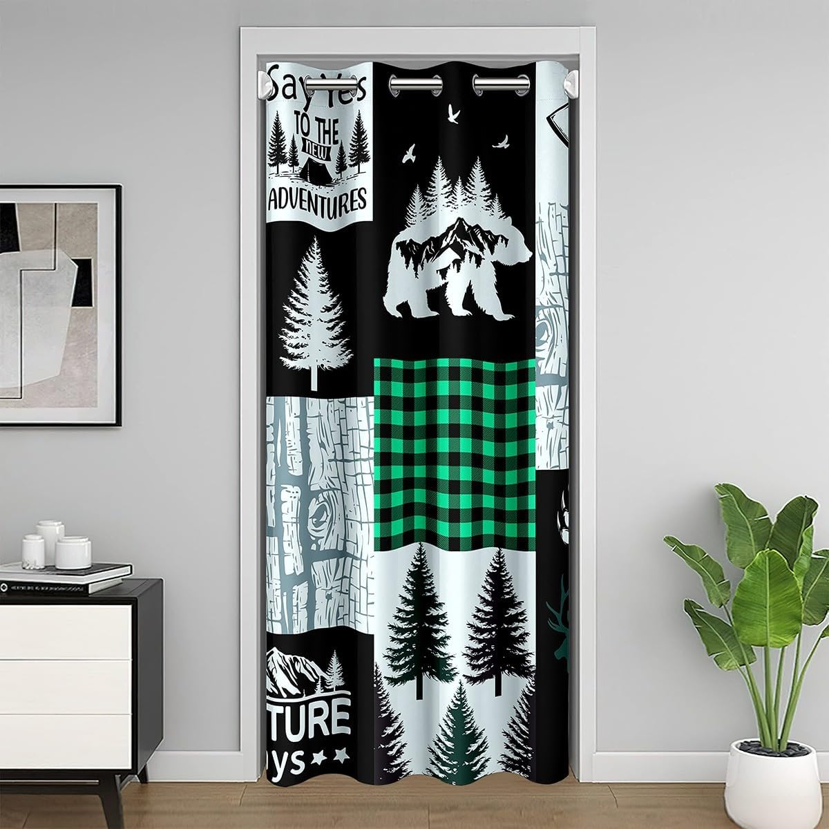 Castle Fairy Farmhouse Door Curtain,1 Panel 34" W X 80" L,Retro Black Green Plaid Rustic Style Door Drape for Bedroom Privacy,30%-50% Room Darkening Blackout Curtain for Bedroom