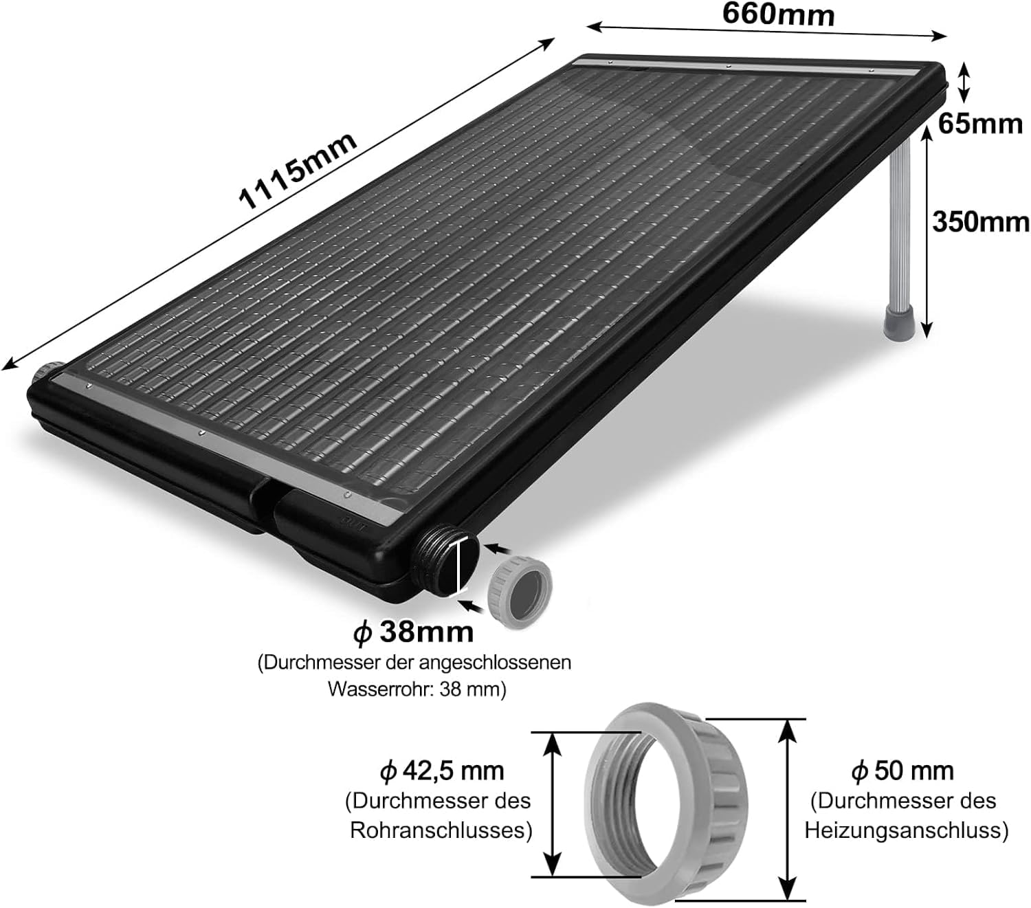 ACXIN Solarne ogrzewanie basenowe 66 x 111,5 cm, kolektor solarny do ogrodu, solarny system grzewczy do basenu i prysznica, odporny na promieniowanie UV, wydajne pochłanianie ciepła, łatwy montaż do