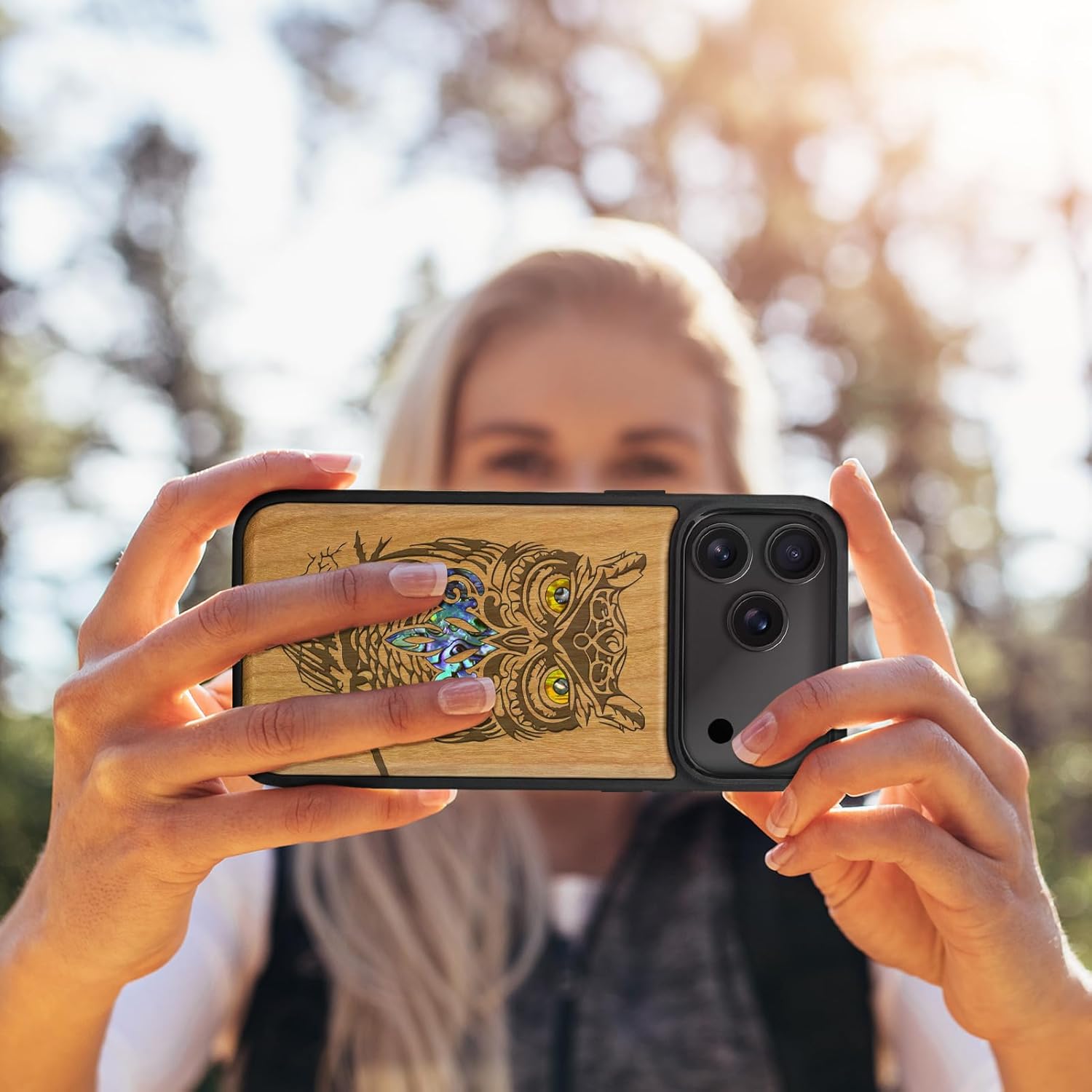 Carveit Magnetic Case for iPhone 17 Pro Case, Wood Artisan Engraved & Handmade Shell Inlaid, TPU Shockproof Cover, Compatible with MagSafe Wireless Chargers (an Owl Perched on a Branch-Cherry)