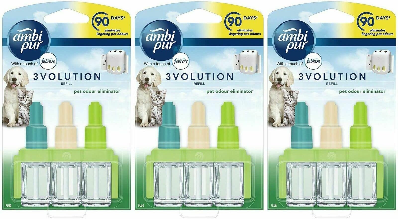 3 x Ambi Pur 3volution Air Freshener Electrical Plug in Refill Pet Odour 20ml