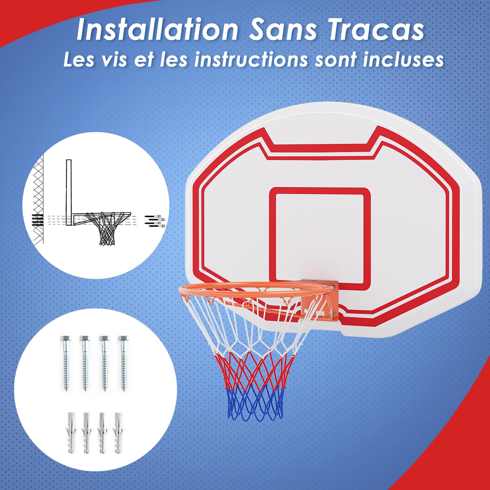 COSTWAY Panier de Basket Mural 45 cm avec Panneau Incassable, Panier Basket-Ball avec Filet Anti-Déchirure pour Adolescents Adultes Intérieur/Extérieur, 91 x 61 cm, Blanc+Rouge