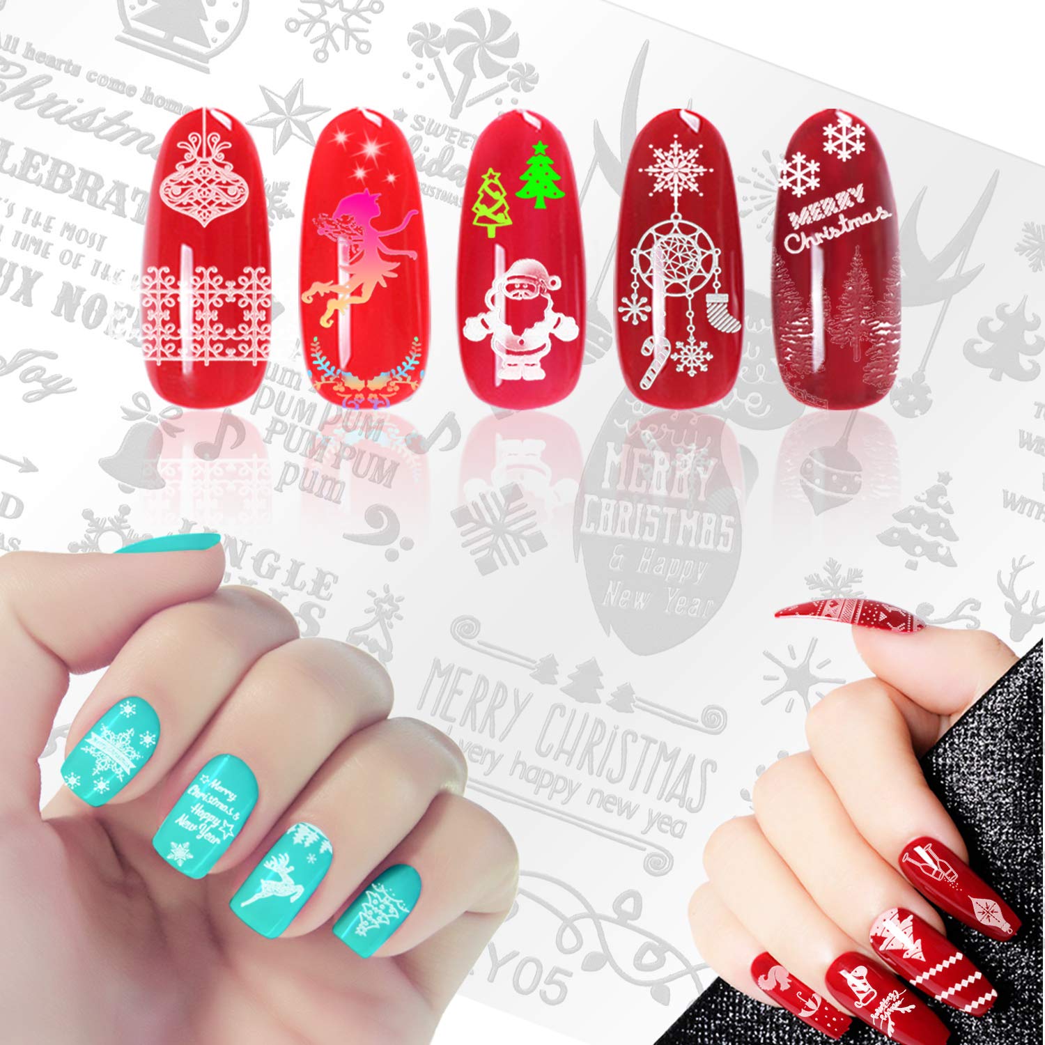 6 Pcs Christmas Nail Stamping Plate, MWoot Natale Fiocco di neve dei cervi dell'albero Nail Art Unghie Timbro Nail Art Stamp Plates Chiodo quadrato rotondo