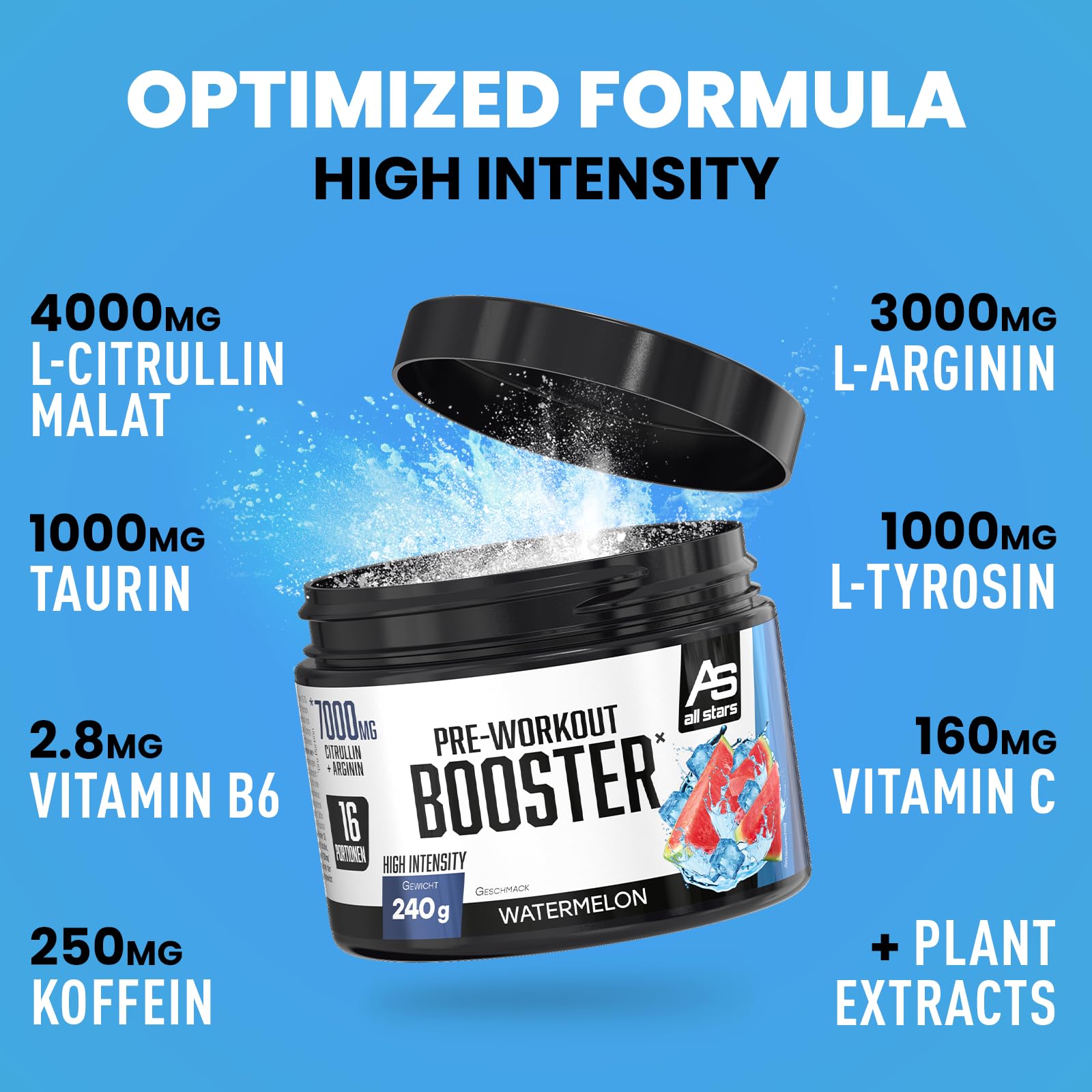 All Stars Pre-Workout Booster Extreme Watermelon I 240g Pre-Workout-Booster für 16 Drinks I Fitness-Pulver mit Aminosäuren + Vitamine + Taurin I Energy Drink mit Koffein