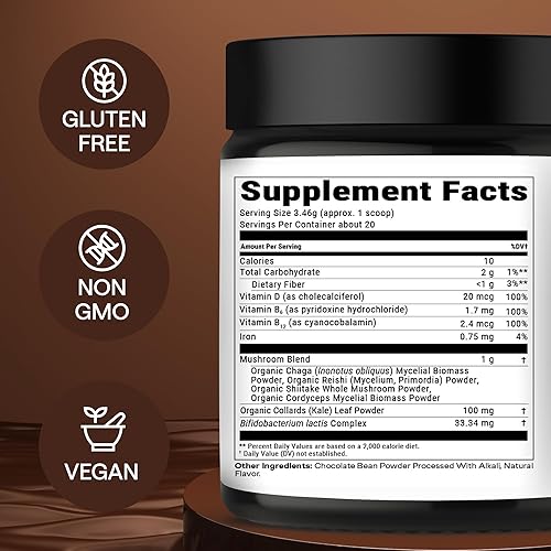 Miniatura 8 de Cacao en polvo adaptogénico con hongos Reishi, Chaga, Cordyceps, Shiitake Bebida de chocolate caliente nocturno sin cafeína Energía, inmunidad y