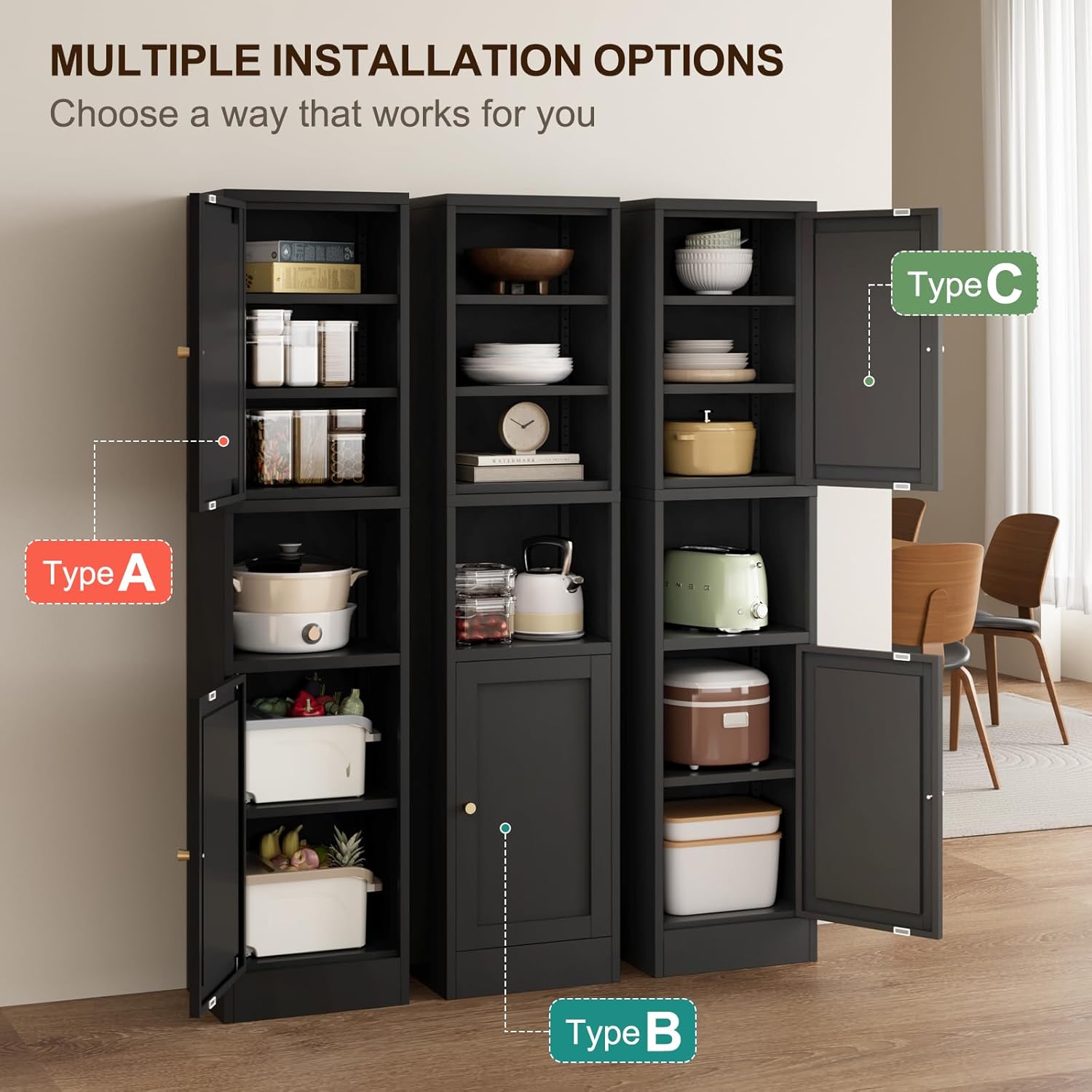 Image showing three different configurations (Type A, B, C) for the Bevivog metal storage cabinet, demonstrating its versatility.