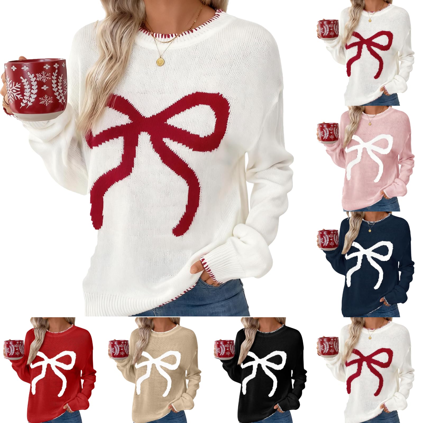 ABABC Christmas Sweaters for Women Crewneck Long Sleeve Bow Sweater Fall Winter Y2K Lightweight Knitted Cute Pullover