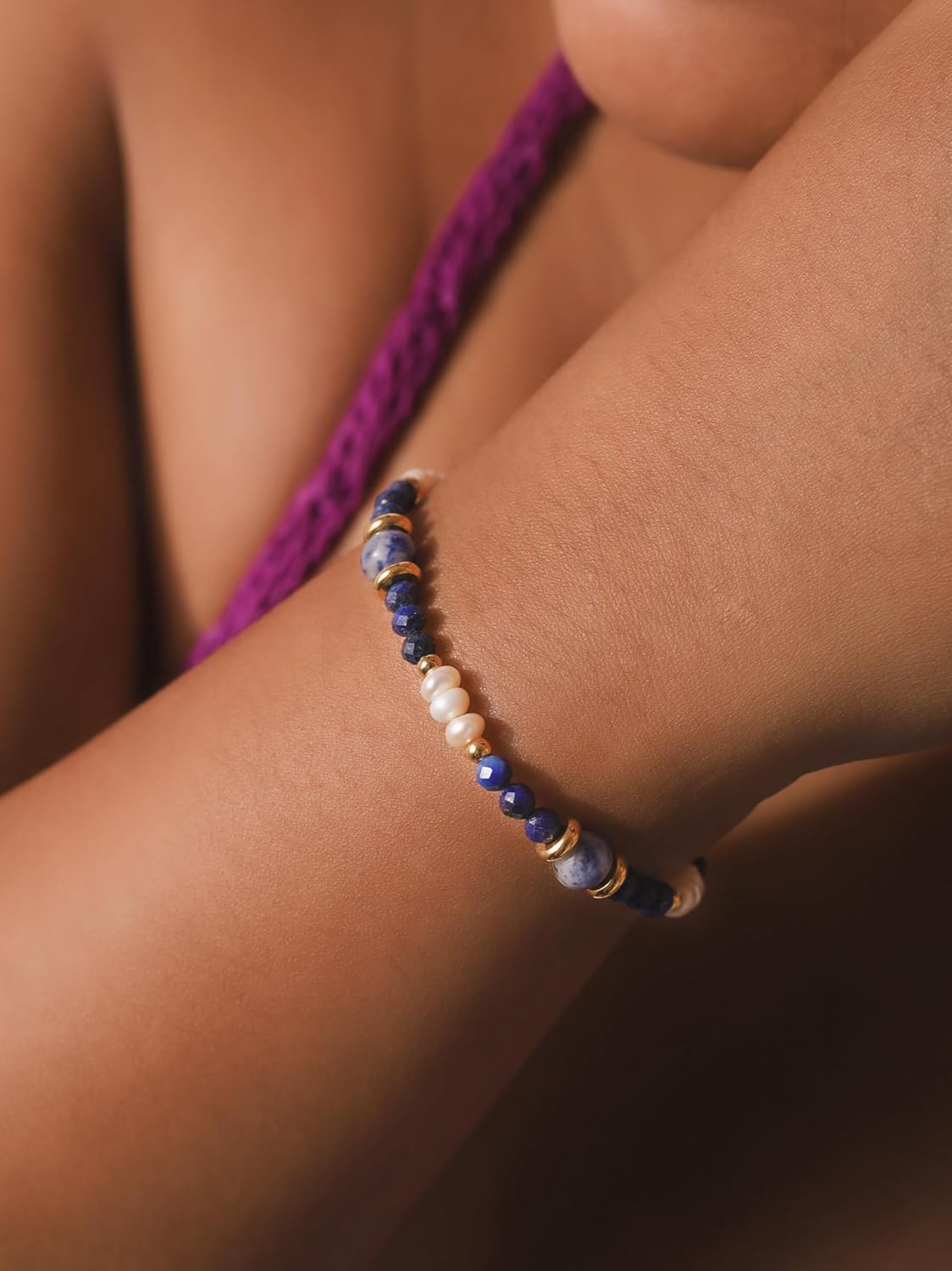 MINACHI Bohemian Retro Vintage Lapis Lazuli and Freshwater Pearl Beads Bracelet, Stainless Steel Clasp, Women's Gift Jewelry - Image 3