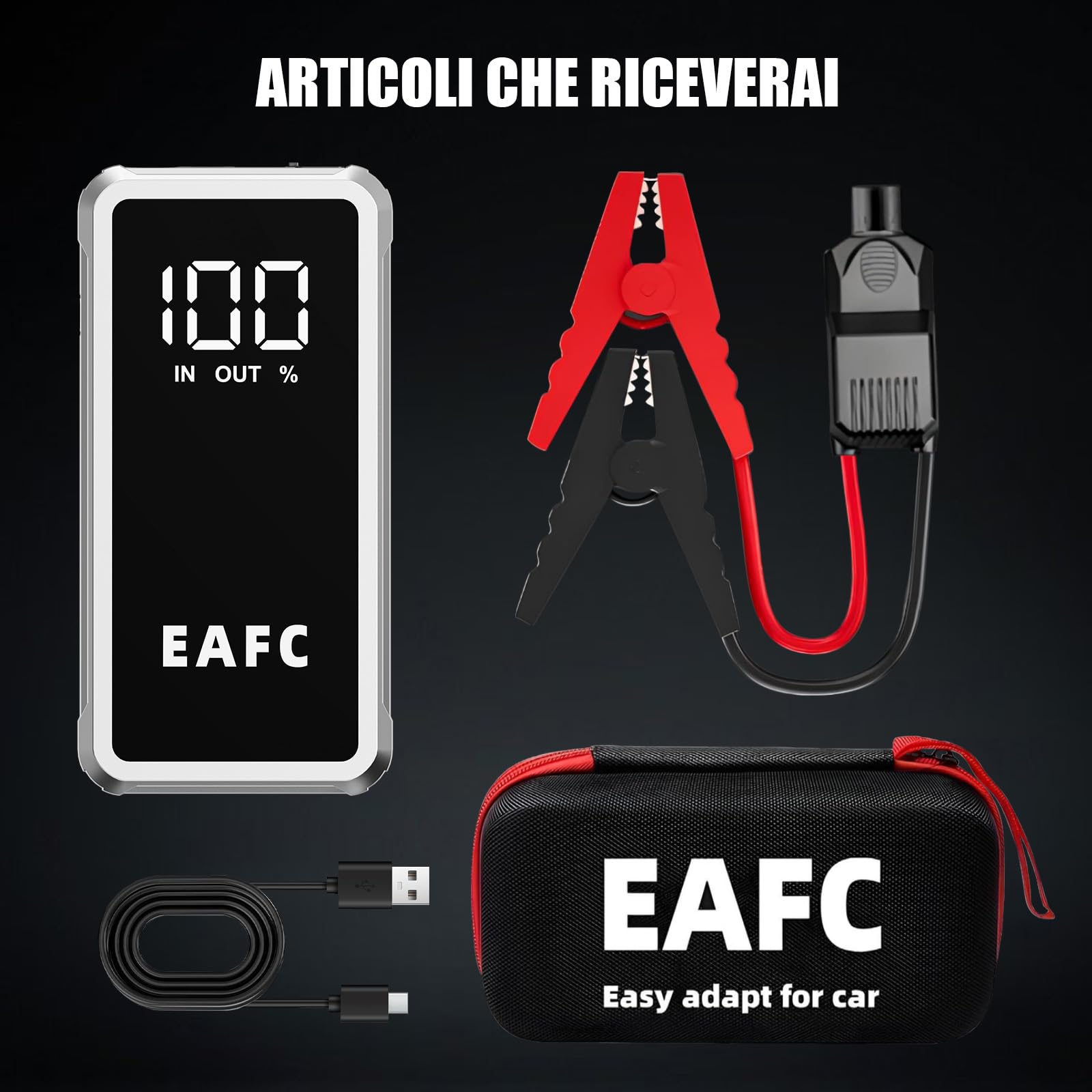 Powerbank avviatore per auto 12000mAh, booster auto avviatore 5000A 12V (fino a 10L di benzina/6L di diesel), avviatore auto booster con 3 modalità LED, schermo LCD, uscite USB 2.0, (scatola di
