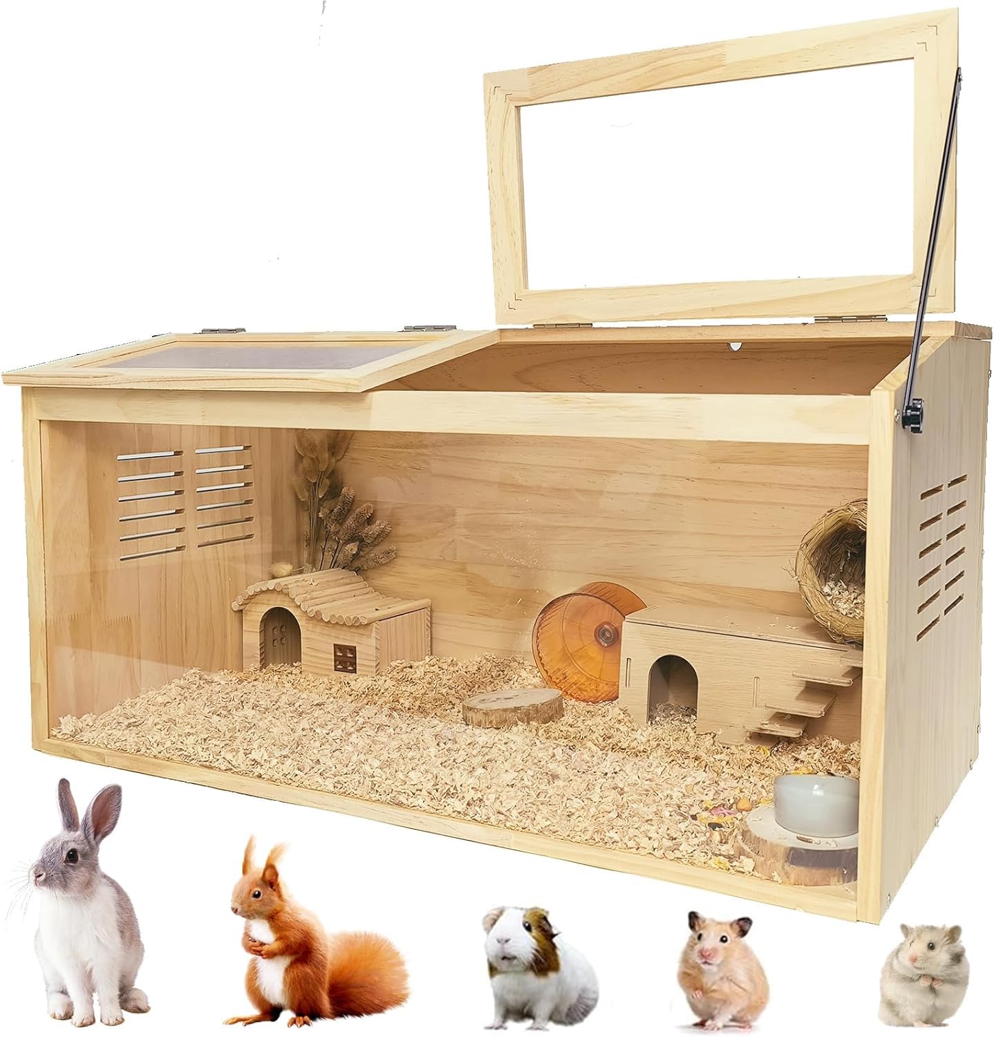 Wooden Hamster Cage, 80 x 40 x 40cm Transparent Large Hamster Cage with Openable Acrylic Roof & Oblique Opening Door, Small Animal Exercise Play House for Gerbils Syrian, Chinchilla, Lizard