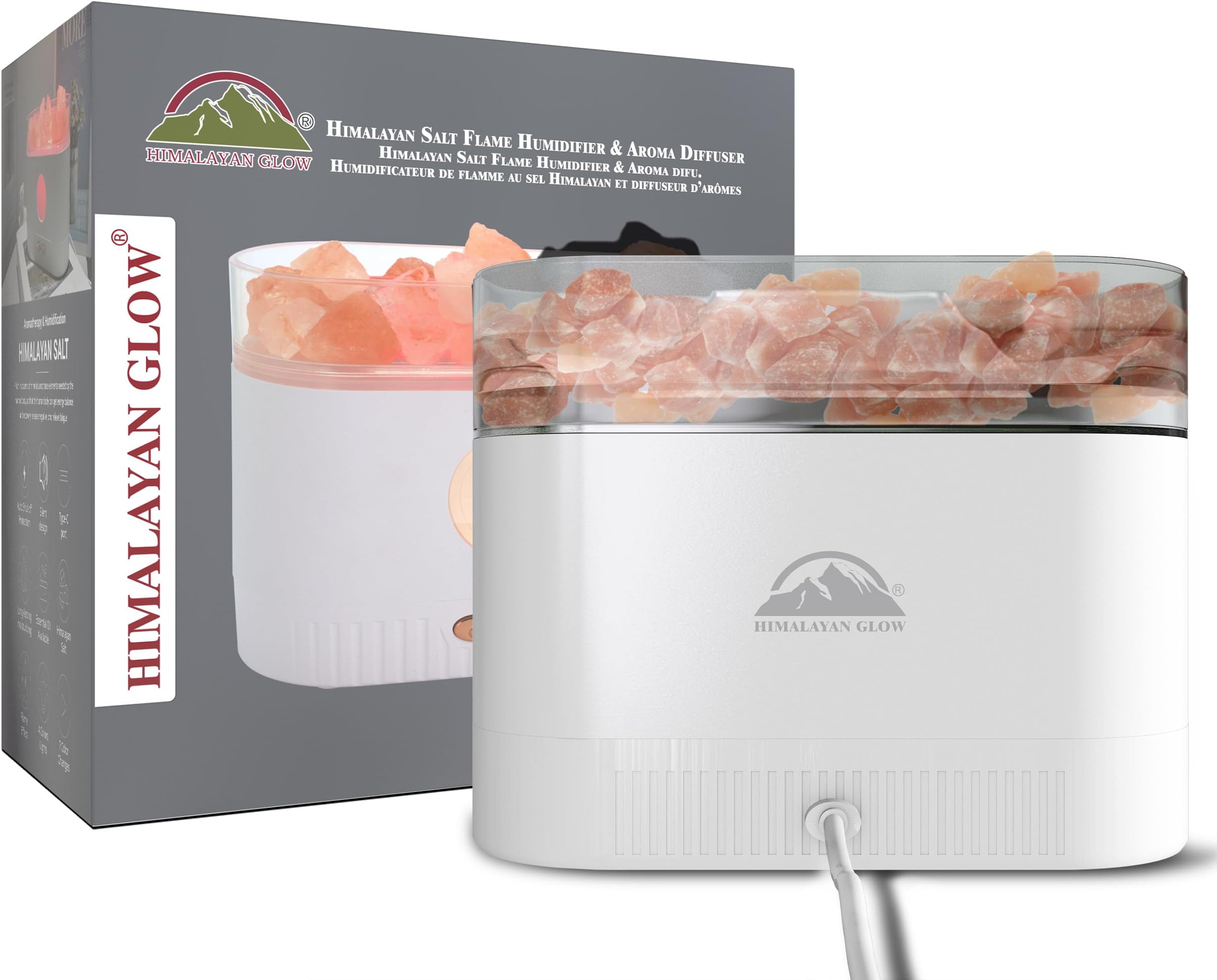 Flame Diffuser Himalayan Salt Rocks 200ml – Volcano Flame Essential Oil Diffuser Humidifier, 7 Color Night Light, Cool Mist Aromatherapy, Auto-Off USB-C for Bedroom Office Spa Gift