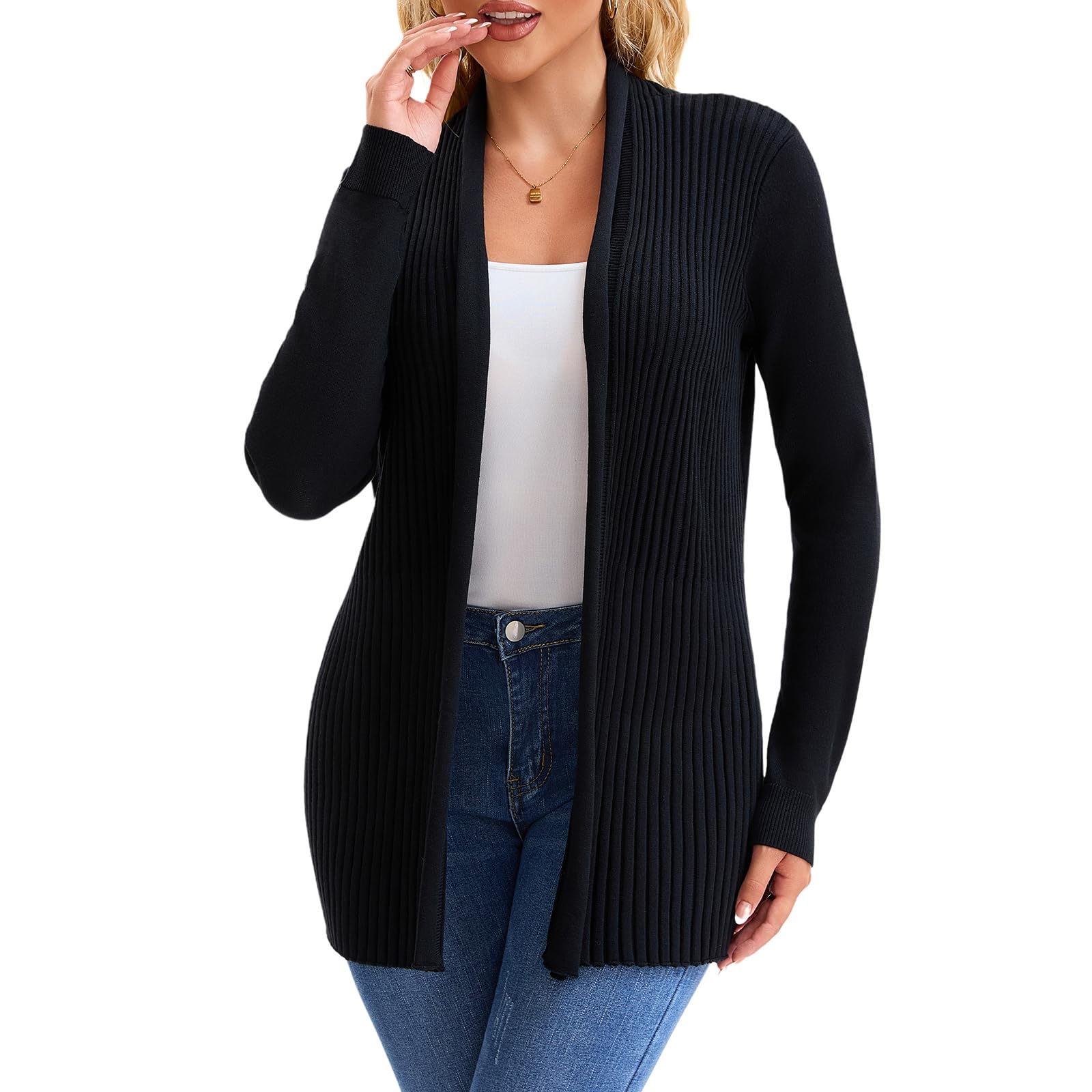 Womens Ribbed Open Front Cardigan Soft Knit Long Sleeve Versatile Casual Essential Sweater for Work Office Outfits