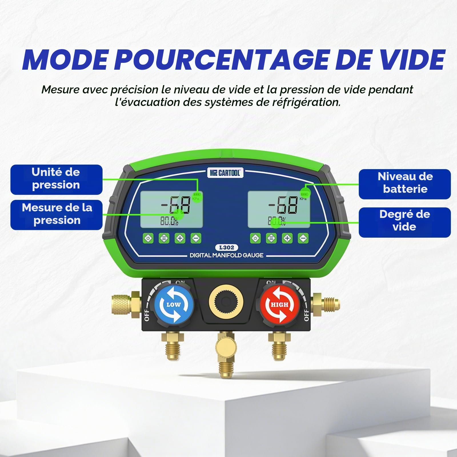 MR CARTOOL L302 Manometre Climatisation Voiture Numérique Manifold Manomètre Réfrigération Jauge avec 3 Flexibles 90 Fluides Frigorigènes pour Climatisation R32 R410A