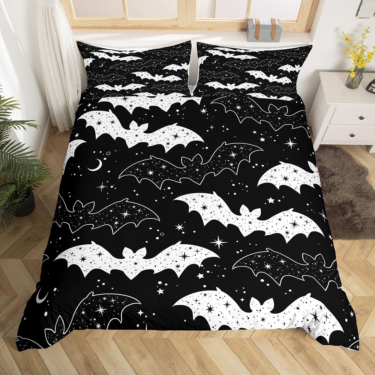 Homemissing Boys Multicolored 13228 Bat Duvet Cover Set Halloween Bedding Set For Kids Girls Star Moon Print Comforter Cover Set Microfiber White Black Bedspread Cover Bedroom Bedclothes Single
