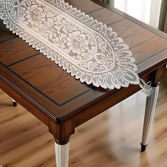 White Lace Table Runner With Tassels 33x91CM Vintage Elegant Floral Small Coffee Dressing Table Flag Embroidered Lace Top Decoration For Wedding Festival Table Center Decoration Home Desk Decoration