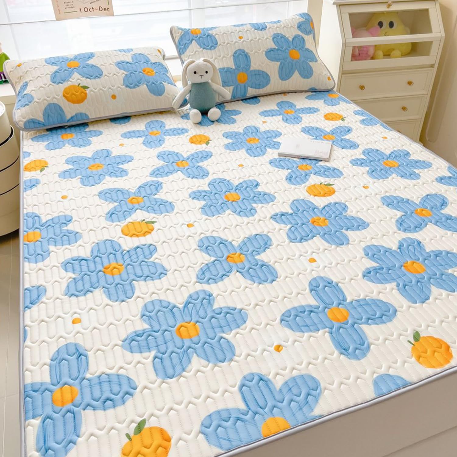 LDLCYCN ,D,150 * 200cm/QUEEN, Cooling Mattress Pad Cover with 4 Elastic Band Latex Quilted Mattress Cover
