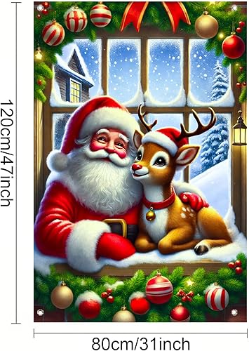 Miniatura 3 de Cubierta de ventana de Navidad de 31 x 47 pulgadas, escena de nieve navideña, Papá Noel con renos, decoración de ventana de invierno, fondo festivo,