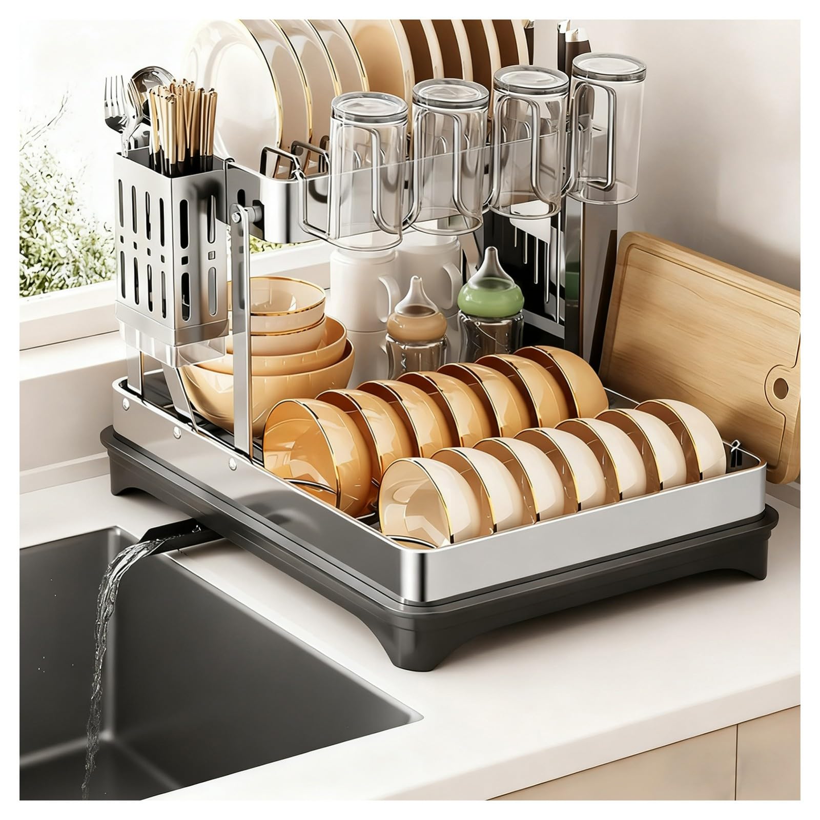 DFGHNBVC 2-Tier Stainless Steel Dish Drying Rack With Drainboard, Space-Saving Design For Kitchen Counter, Includes Utensil Holder Cup Storage, Stylish White Finish,Grey