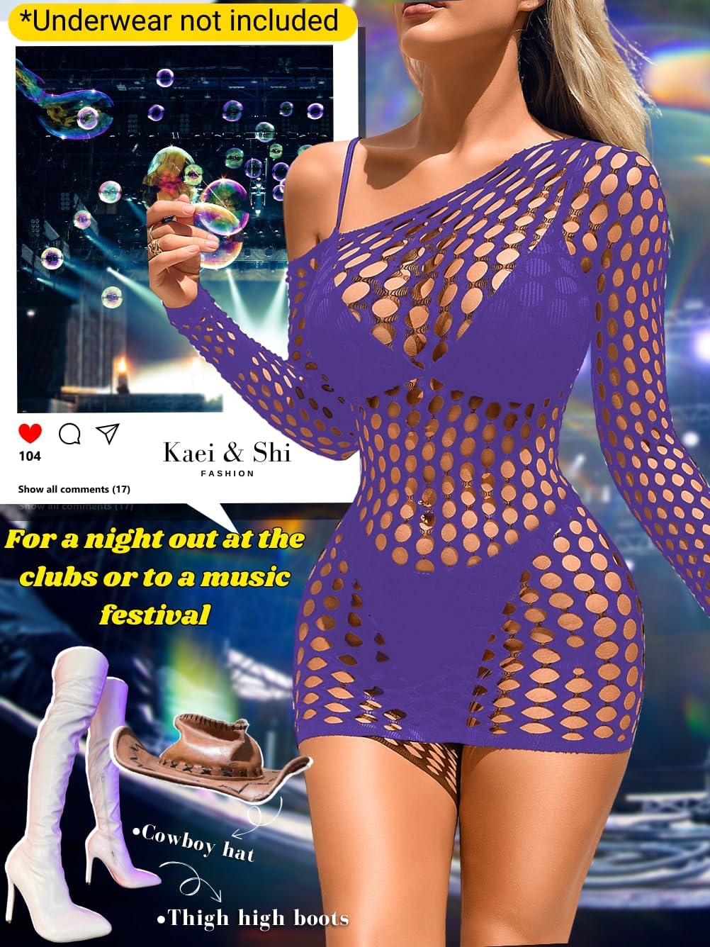 Kaei&Shi Sexy Cover Up, Hollow Out, Fishnet, Off One Shoulder Dress - Image 2