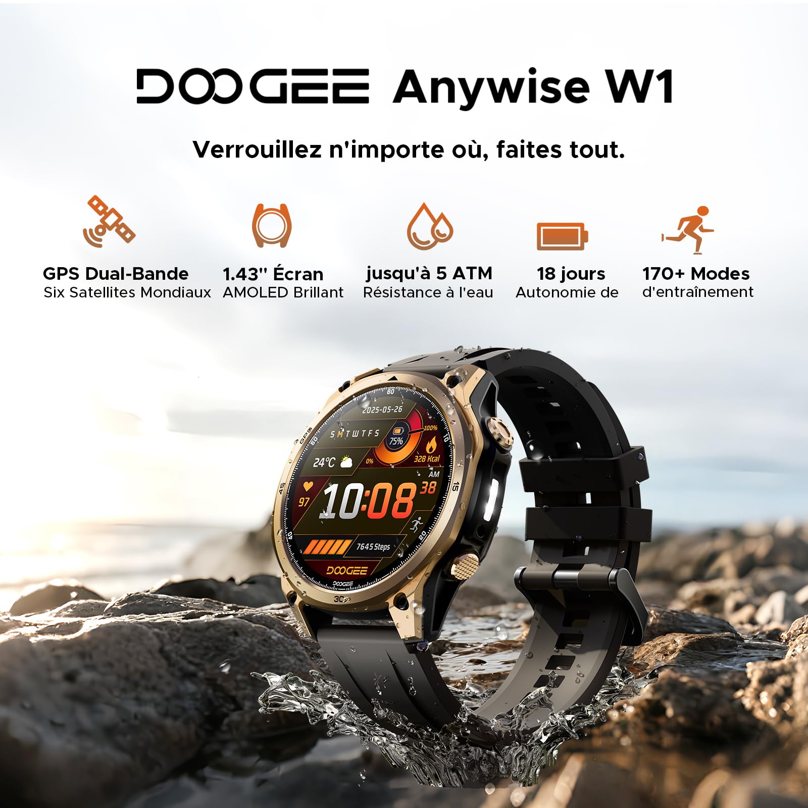 Anywise W1 AI Montre Connectée Homme, 5ATM Dual-Band GPS Tactical Watch,1,43'' AMOLED Screen, 170+ Modes Sport, Appel Bluetooth,18 Days Battery,LED Flashlight,Compass,pour Android/iOS,3 Strap