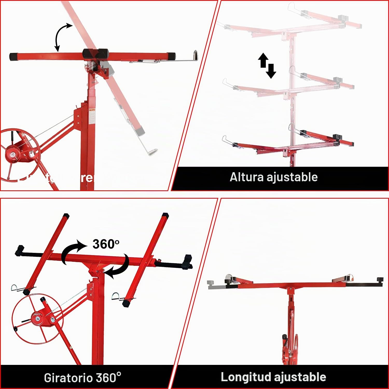 Elevador de placas XXL, capacidad de carga 68 kg, altura de trabajo 140-350 cm, ancho máximo 290 cm, plegable, ajustable, orientable, ayuda de montaje, color rojo