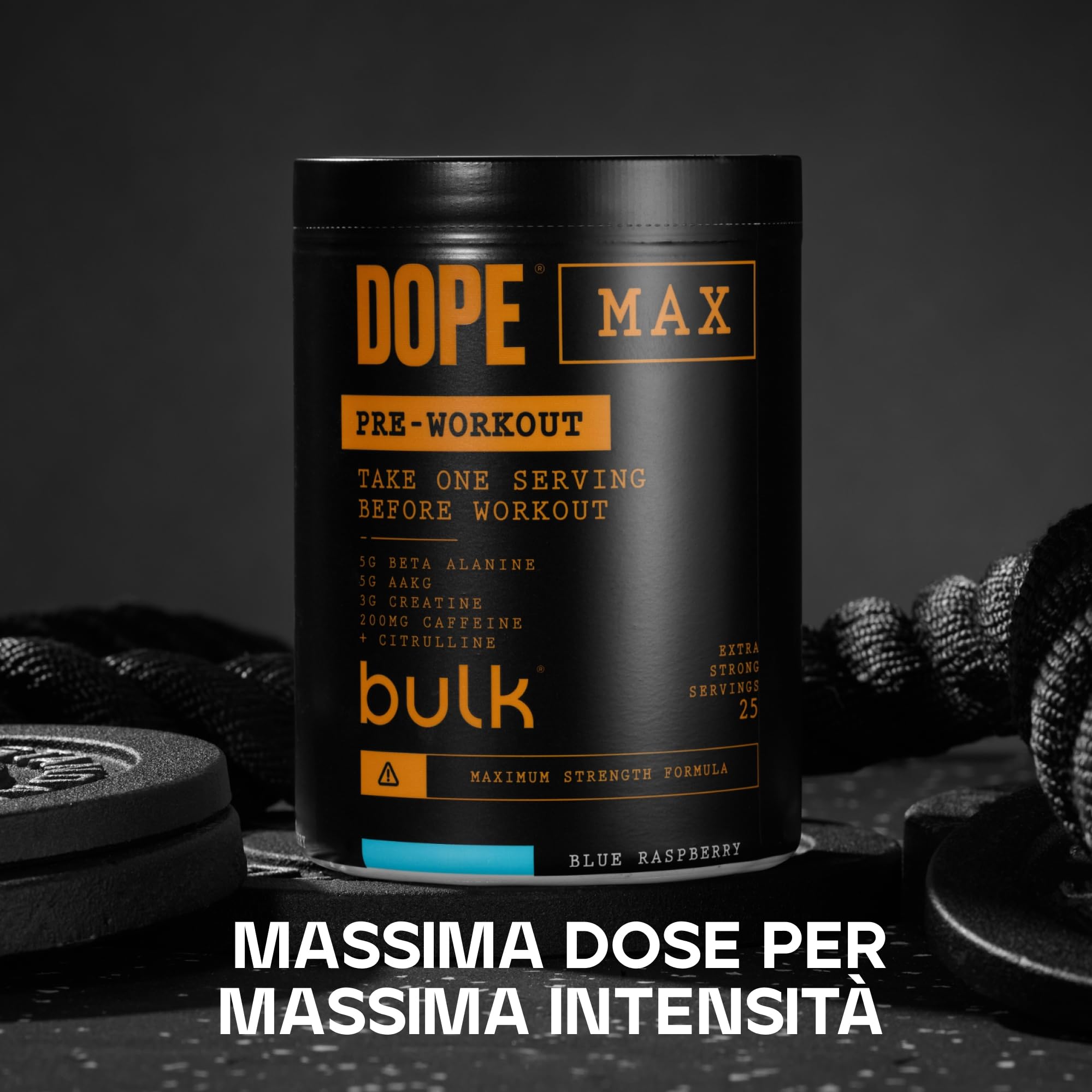 Bulk Dope Max Polvere Pre-allenamento | 563 g | 25 porzioni | Alto Contenuto di Caffeina 200mg | 5g Beta Alanina | 3g Creatina | Miscela AAKG & Citrullina | Vitamina B6 | Sour Apple