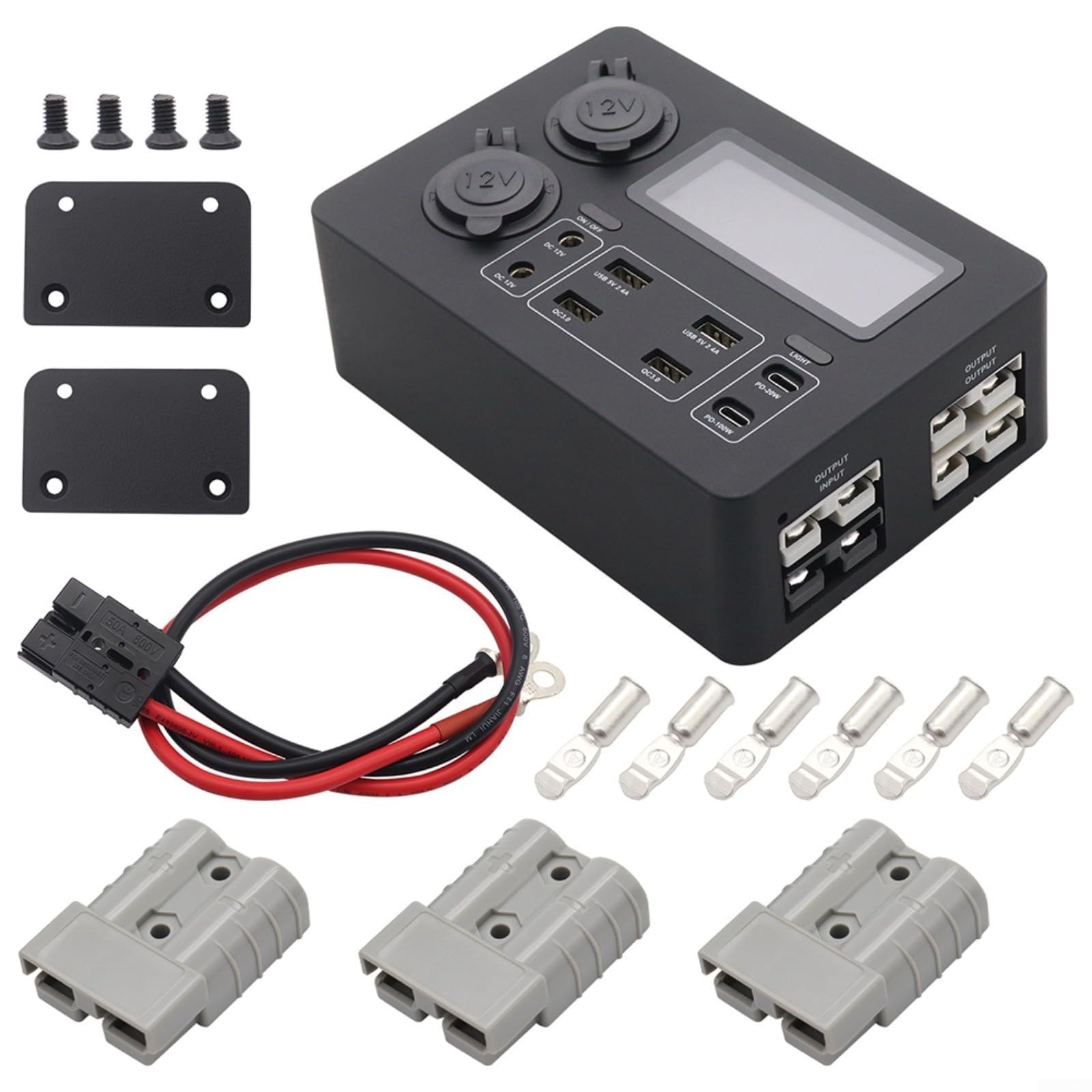 12V Auto Stromverteiler Box Mit LED-Anzeige 100W PD Schnellladegerät USB-C Anschlüsse Dual-Zigarettenanzünder Buchsen Für RV Boot SUV Dashboard(With Line)