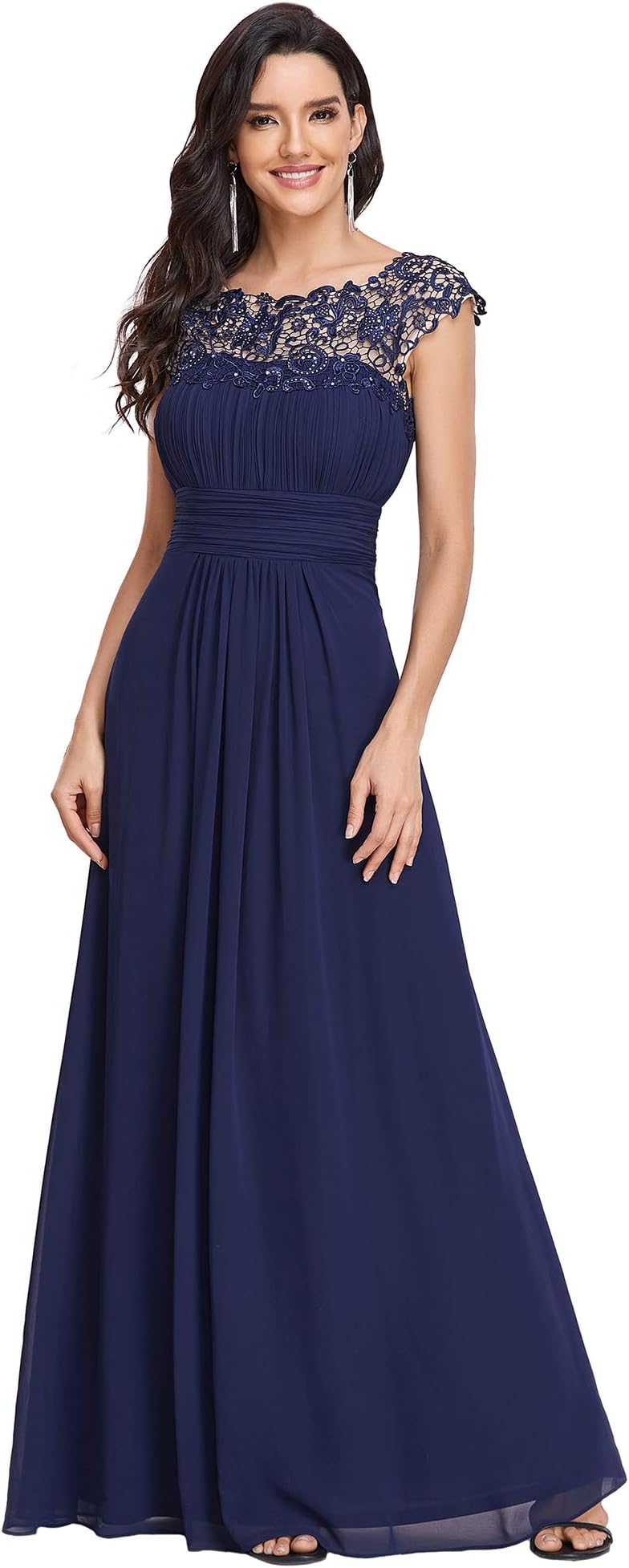 Ever-PrettyWomen's Cap Sleeve Ruched Lace Round Neck Chiffon Formal Evening Gowns 09993-US